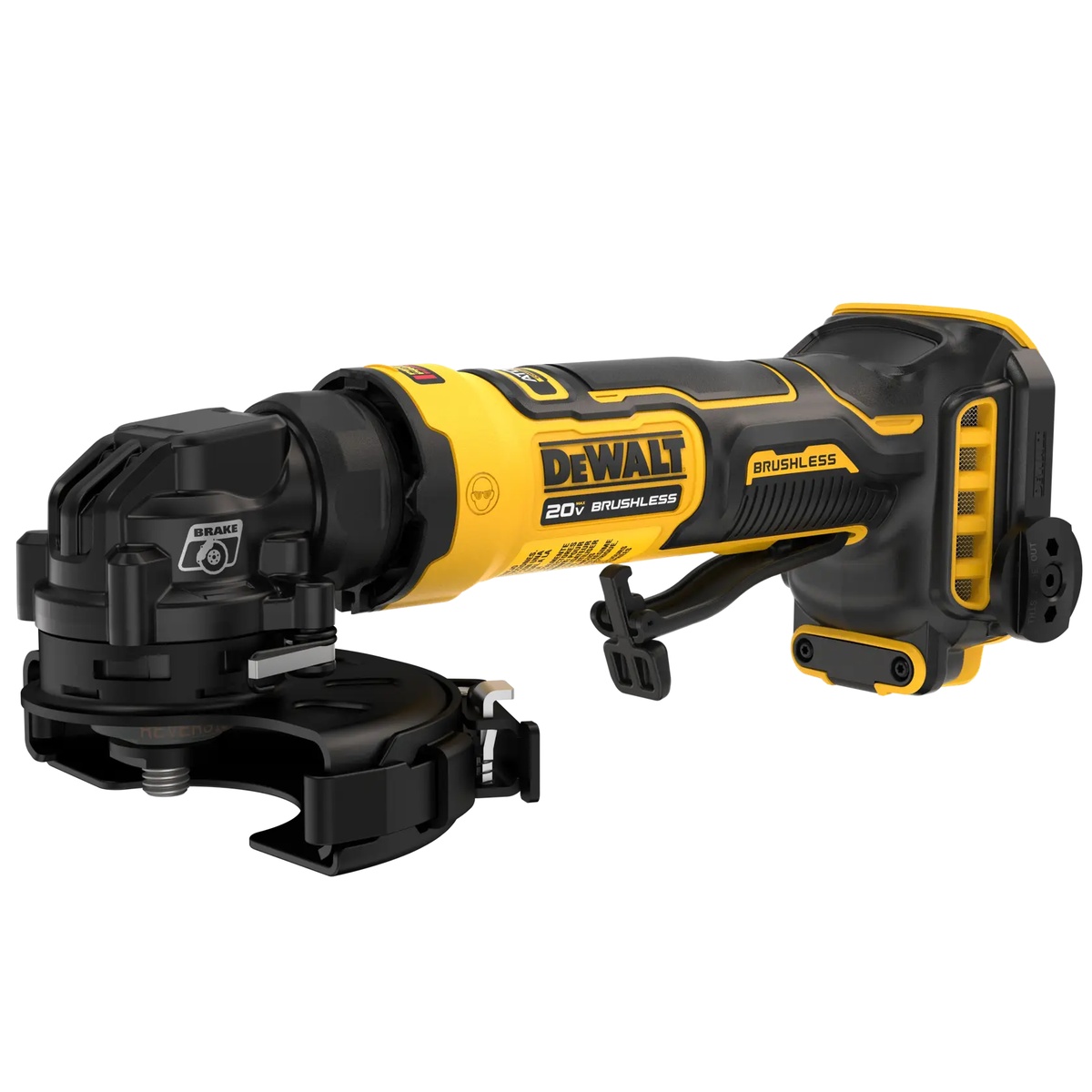 DeWALT DCG400B ATOMIC 20V MAX 4-in. Angle Grinder, Tool Only clean product view showing compact cordless grinder body, brushless motor housing, and guard assembly