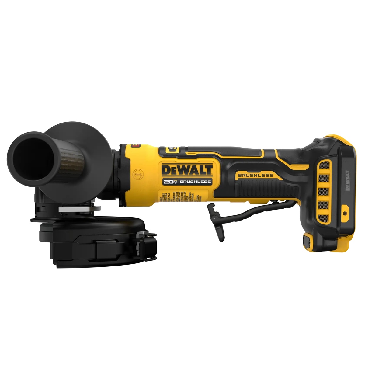 DeWALT DCG402B 20V MAX ATOMIC 4.5-in. Angle Grinder product view showing compact body, guard, and spindle area for wheel changes