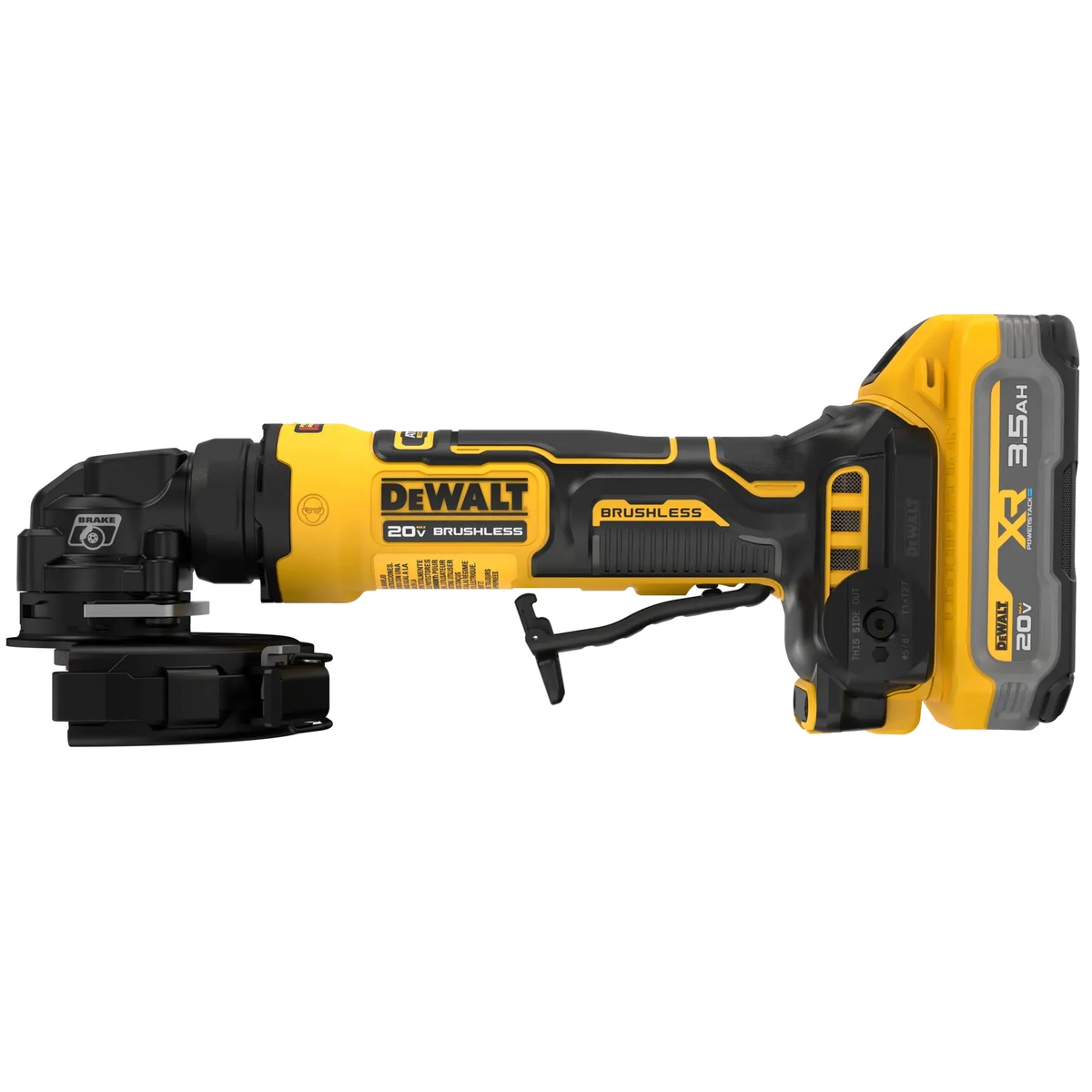 DEWALT ATOMIC 20V MAX 4 in. Angle Grinder Kit product view showing compact cordless grinder body, paddle switch, and installed XR battery