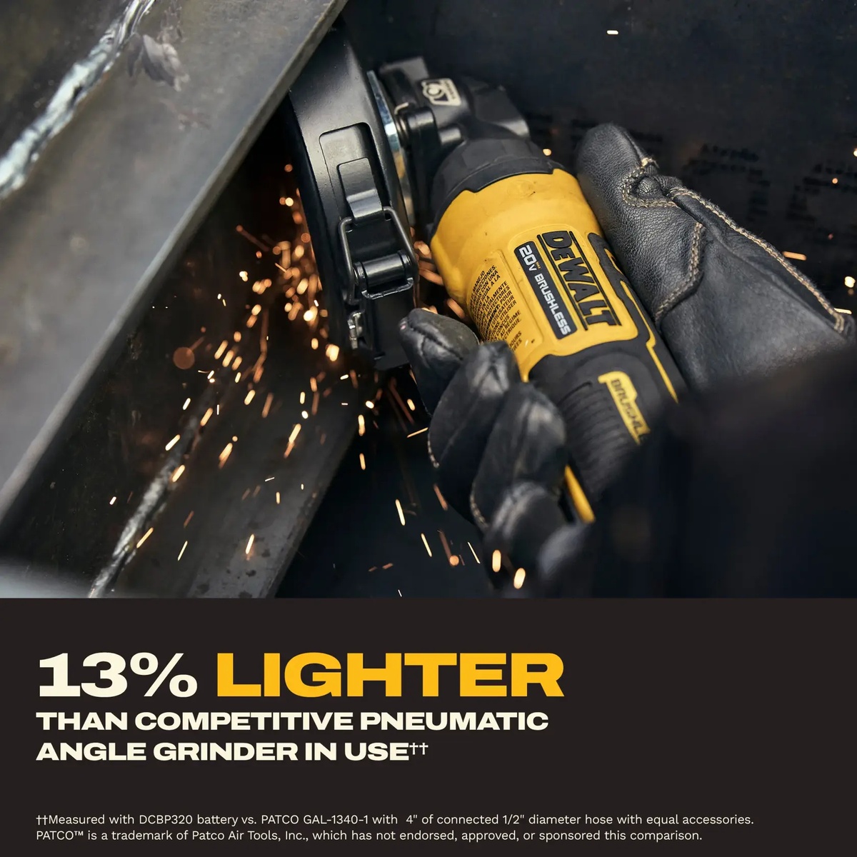 DEWALT ATOMIC 20V MAX 4 in. Angle Grinder Kit cutting steel in a tight work area with sparks during metal fabrication