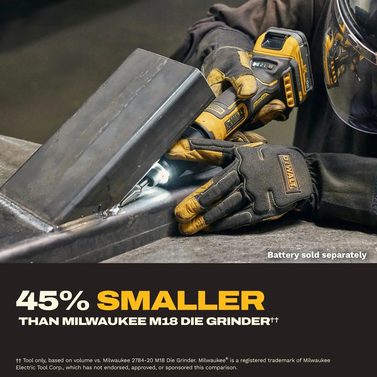 DeWALT DCG420B 20V MAX ATOMIC Die Grinder being used on steel fabrication work in a tight metal joint with a gloved operator and battery installed