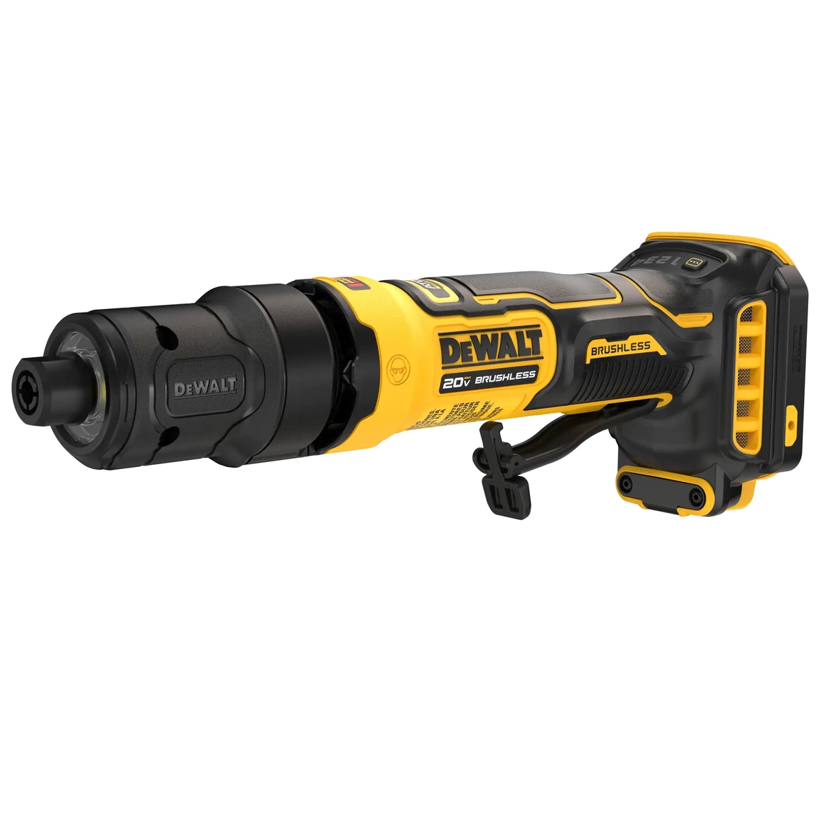 DeWALT DCG420B 20V MAX ATOMIC Die Grinder clean product view showing compact body, paddle switch, and front die grinder nose for metalworking applications