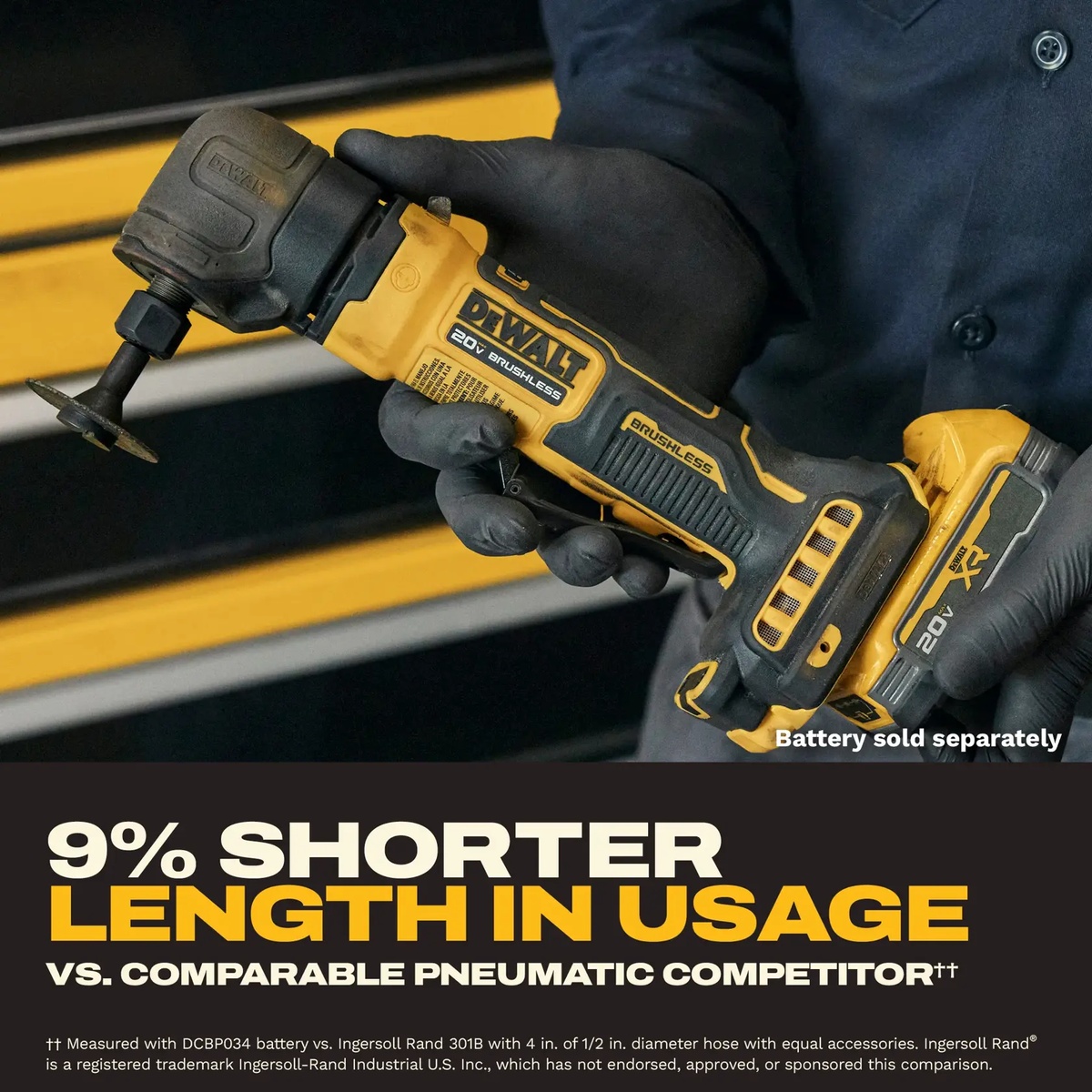 DEWALT DCG422B 20V MAX ATOMIC Right Angle Die Grinder held in hand with cutting accessory installed for close control during metalworking