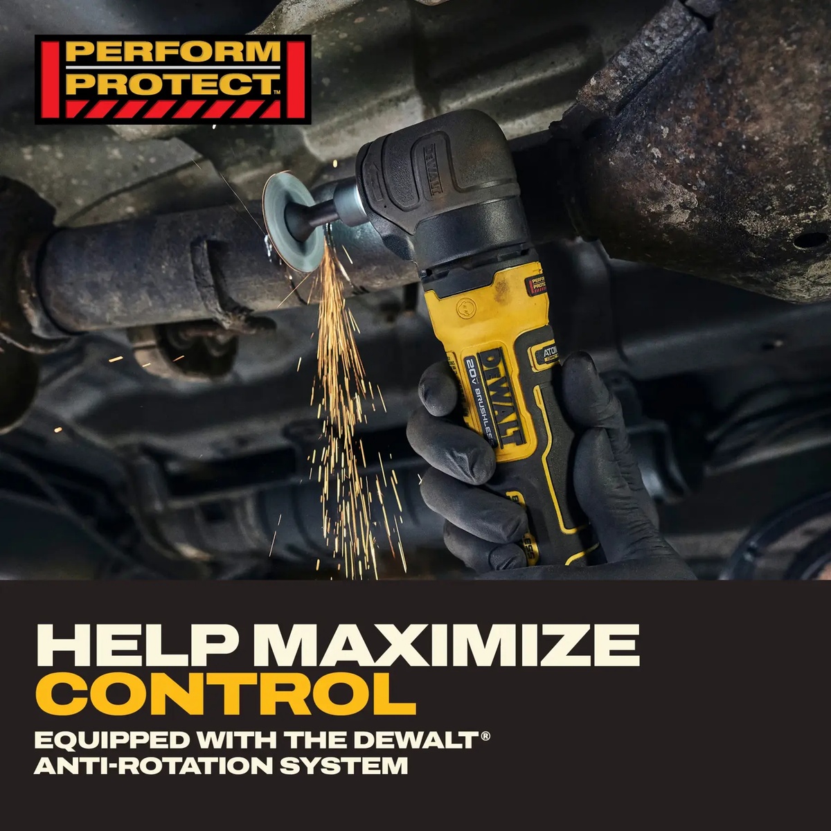 DEWALT DCG422B 20V MAX ATOMIC Right Angle Die Grinder grinding metal under a vehicle in a tight automotive repair space