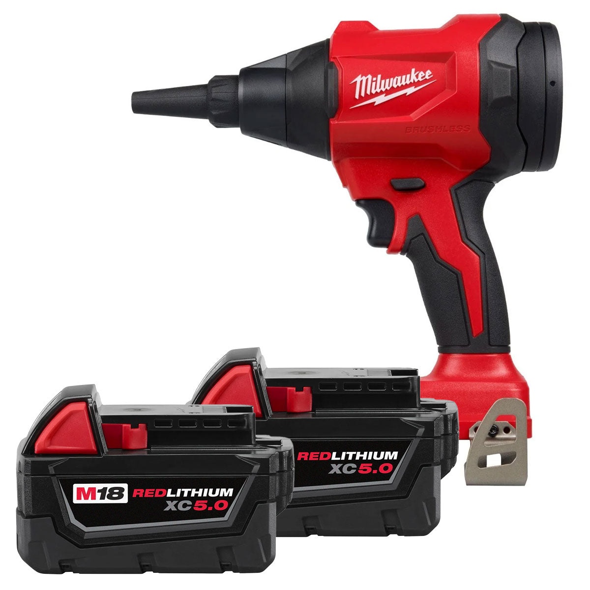 Milwaukee 0887-20 M18 Brushless 570-MPH Precision Blower with two M18 REDLITHIUM XC5.0 batteries shown as a compact cordless cleanup tool for jobsite debris removal