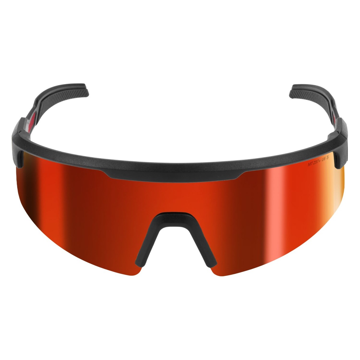 Milwaukee 48-73-2506 wrap around red mirrored safety glasses front view showing the full coverage anti-scratch lens for jobsite eye protection