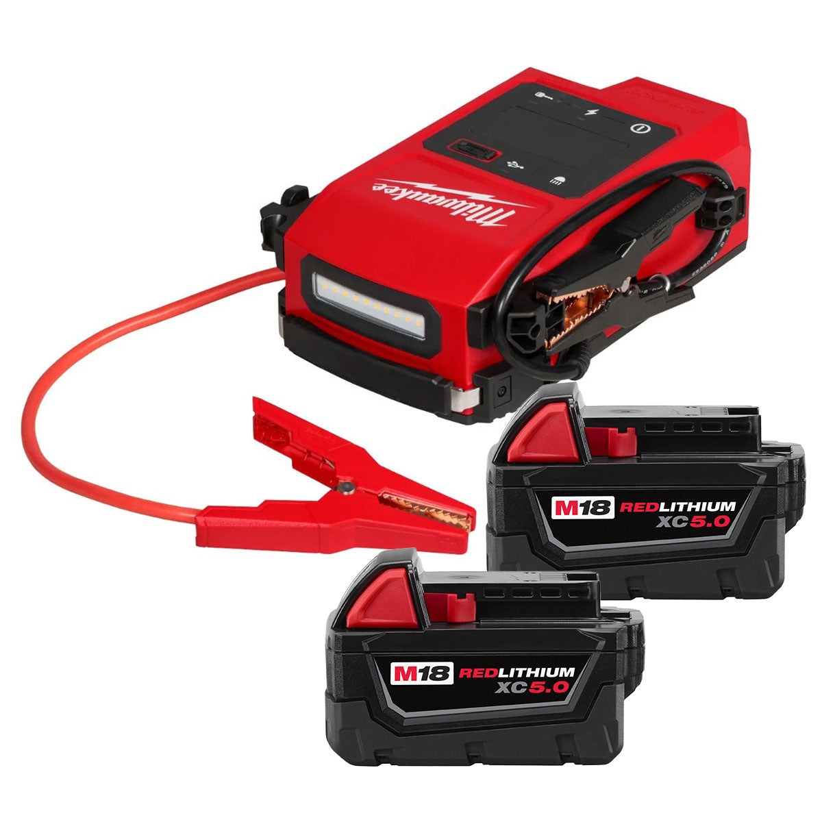 Milwaukee 3841-20 M18 HOTSHOT Jump Starter with clamp and two M18 REDLITHIUM XC5.0 batteries on a clean background