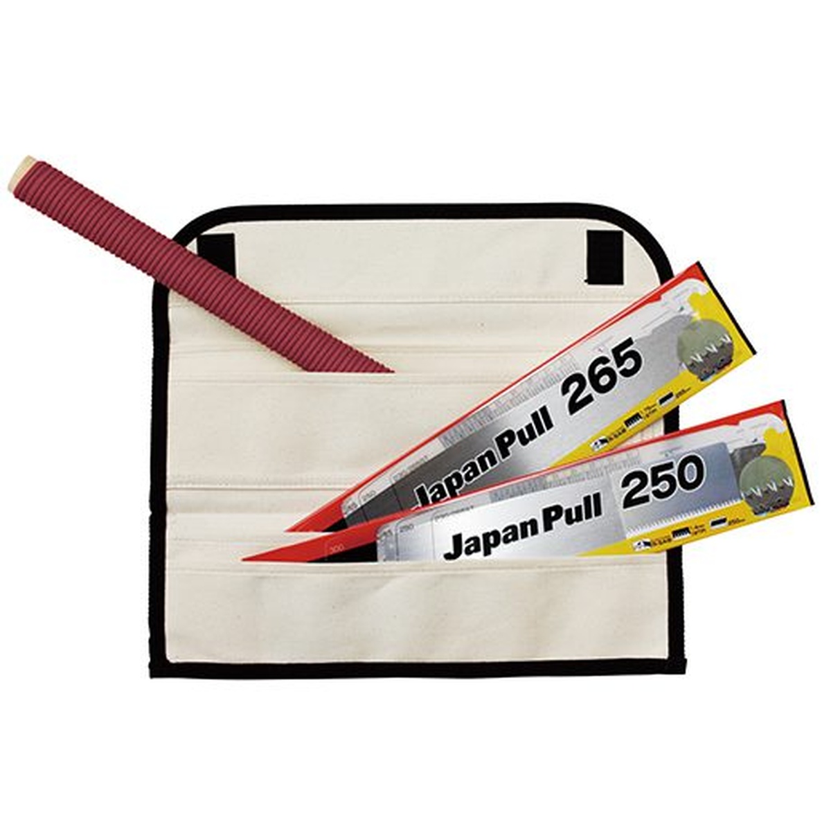 Tajima JPR-SET Japan Pull Hand Saw Set stored in tri-fold canvas case with handle and both replacement blades organized for transport to the jobsite