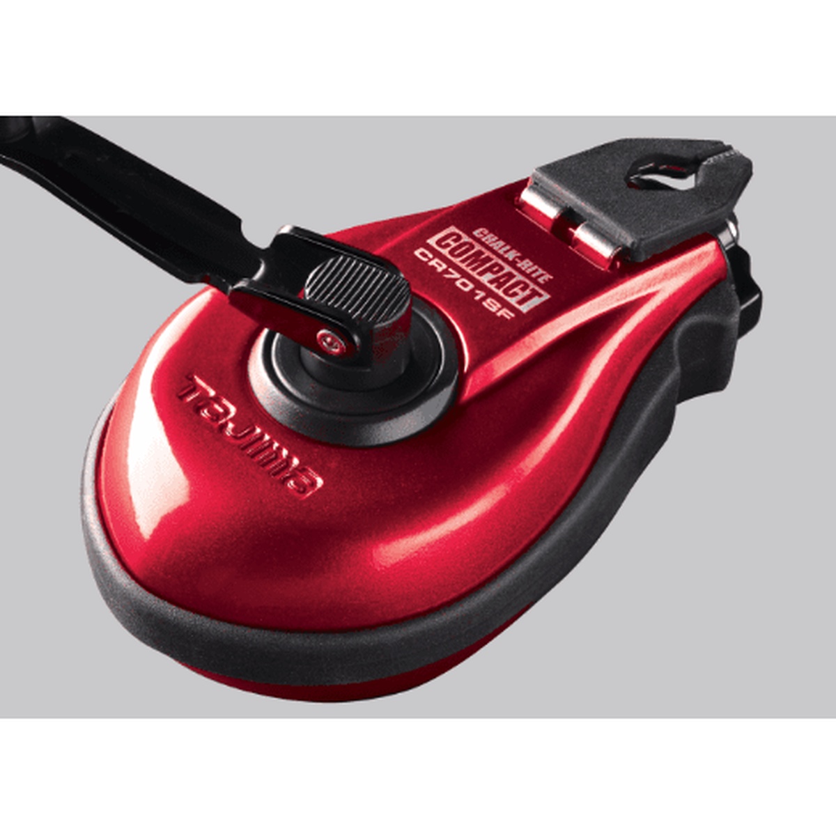 Tajima CR701SFR Chalk-Rite COMPACT Chalk Line close-up showing aluminum case, metal handle, and wear-resistant metal tip