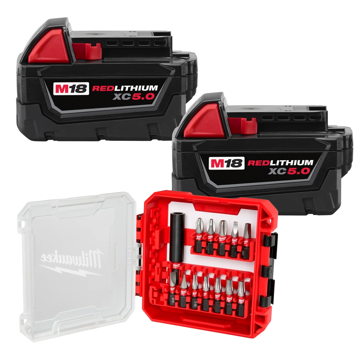 Milwaukee M18 Redlithium XC 5.0Ah Extended Capacity 2-Pack Batteries + 13-Piece Bit Set showing two M18 XC 5.0 battery packs with compact driver bit case for shop, truck, or jobsite use