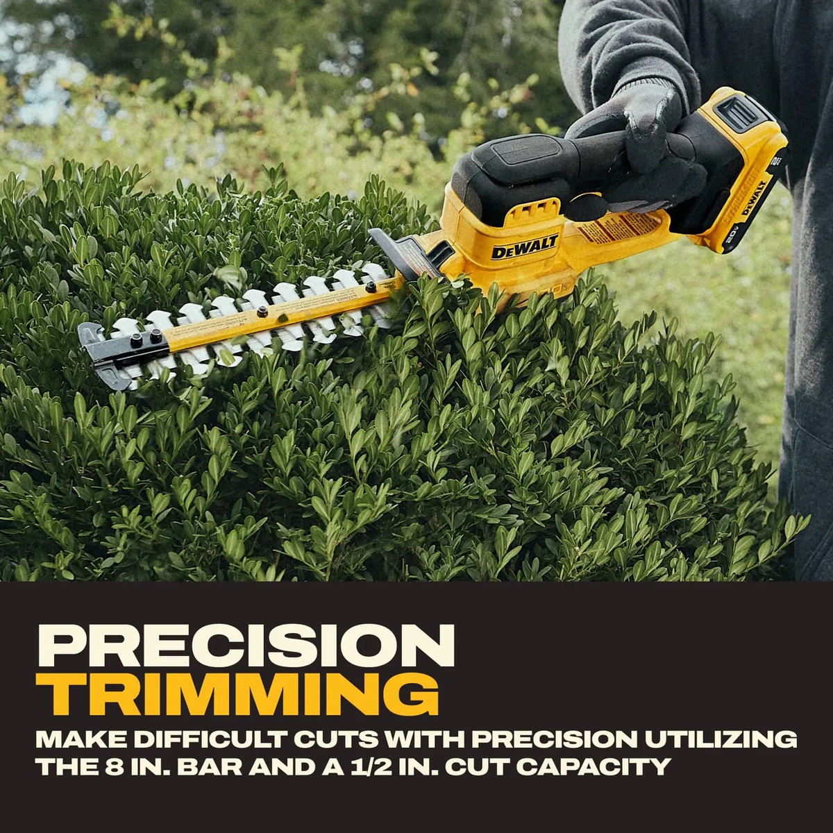 DeWALT DCHT823D1 20V MAX 8-in. Cordless Compact Hedge Trimmer Kit making a precision cut through hedge branches during landscaping work