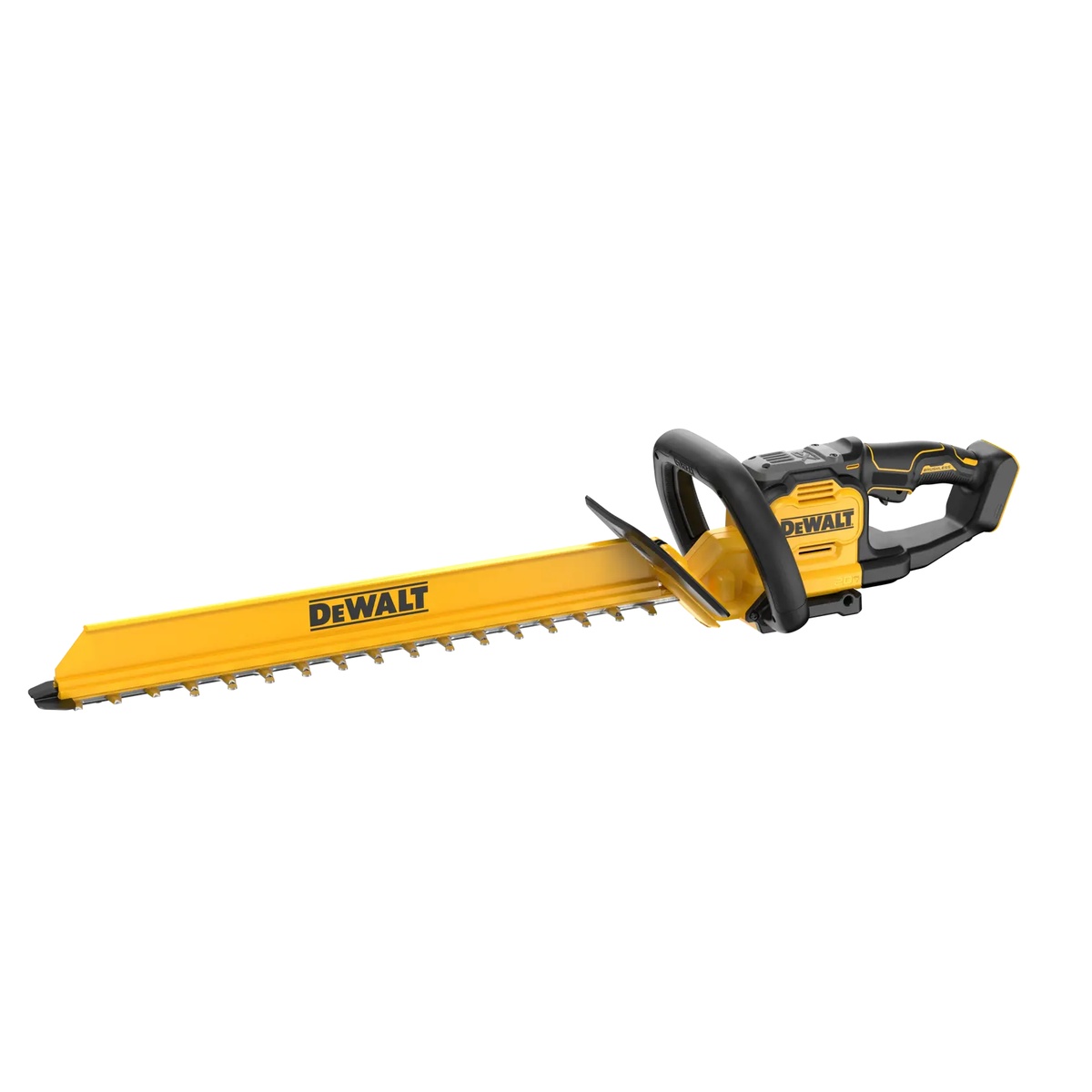 DeWALT DCHT826B 20V MAX XR 24-in. Brushless Cordless Hedge Trimmer product view showing the full blade and handle layout for hedge trimming and shrub maintenance