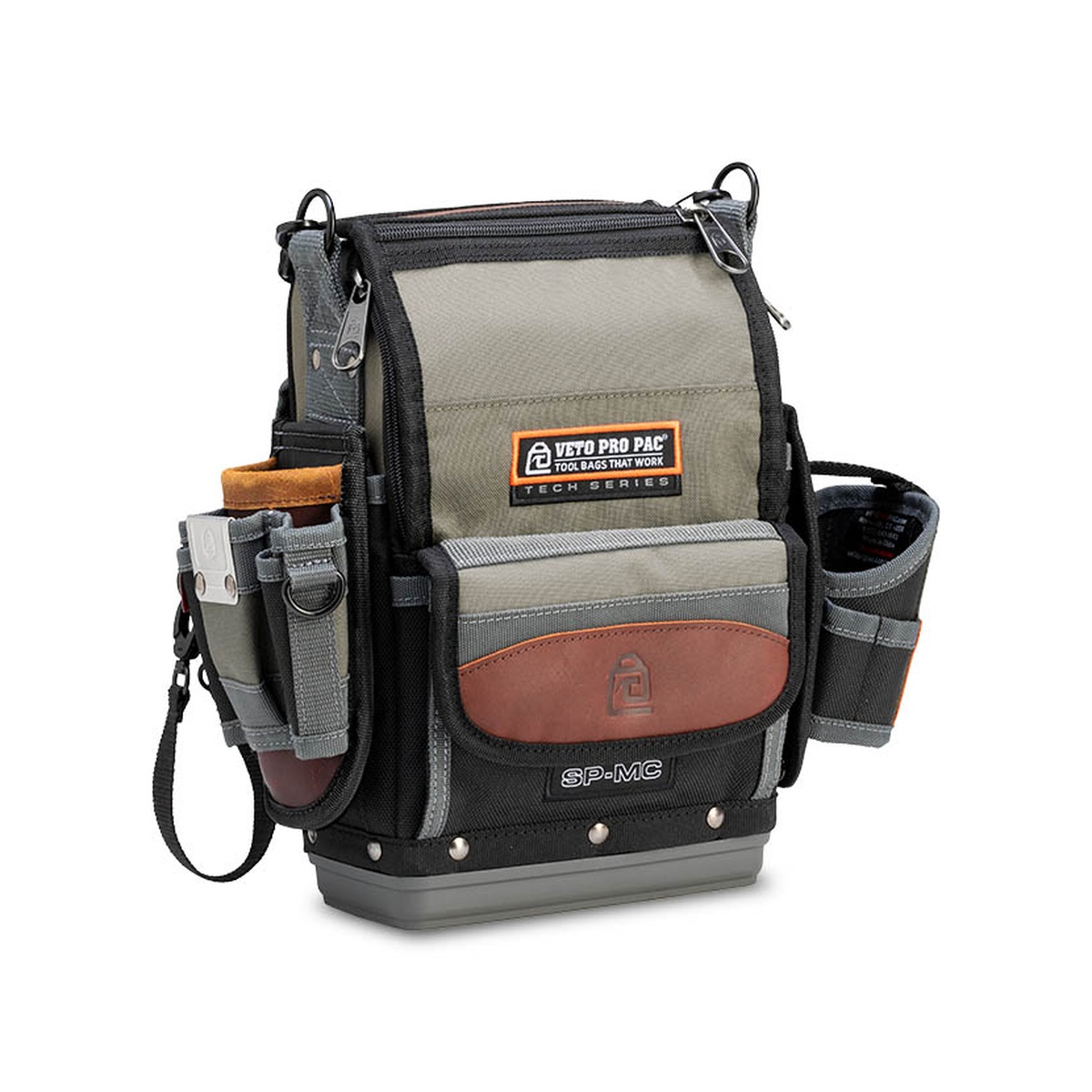 Veto Pro Pac SP-MC tool pouch shown from the front on a clean background, highlighting the compact closed-top design, removable side pouches, and service technician carry layout