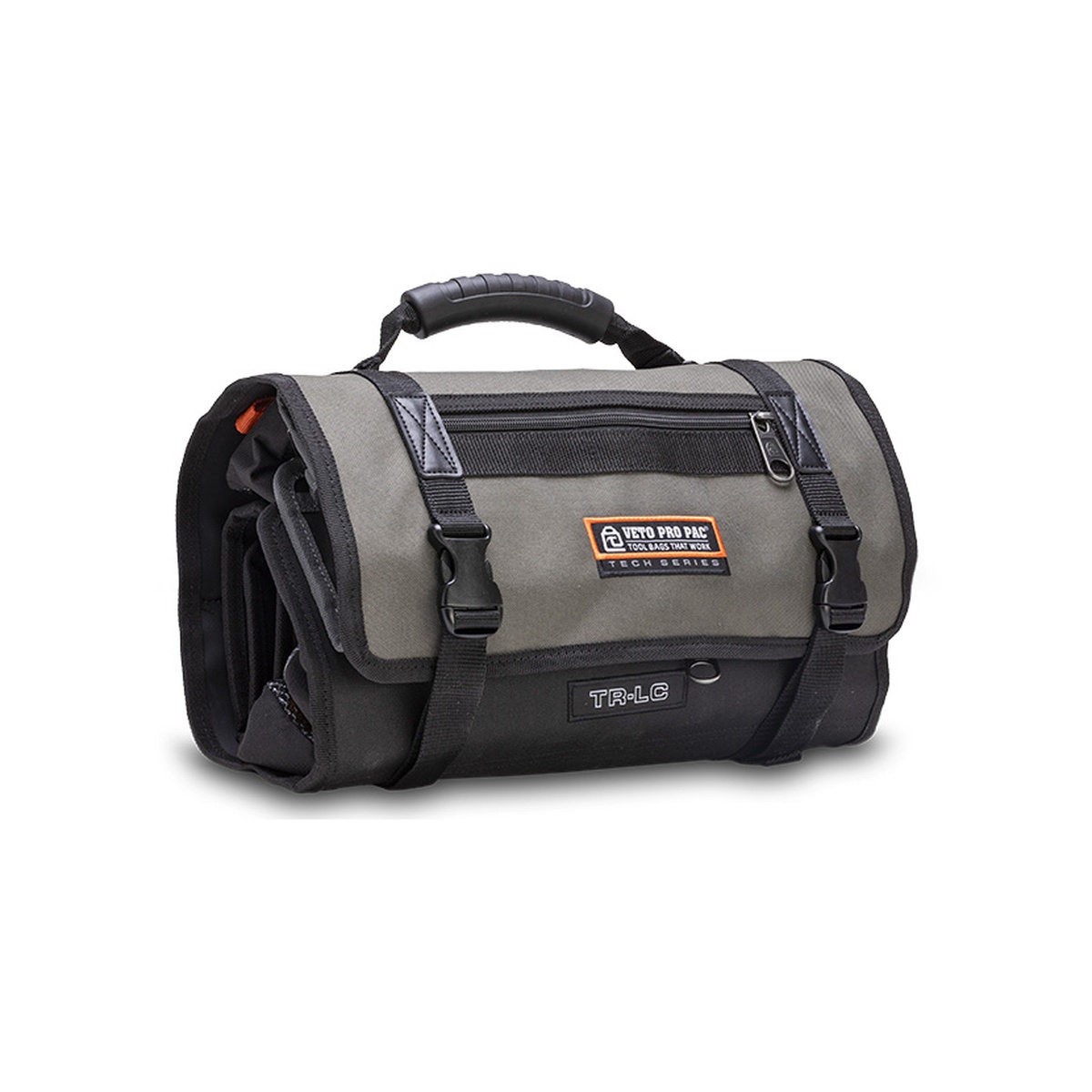 Veto Pro Pac TR-LC modular tool roll rolled closed for transport with carry handle and buckle closure in a service truck or jobsite setup