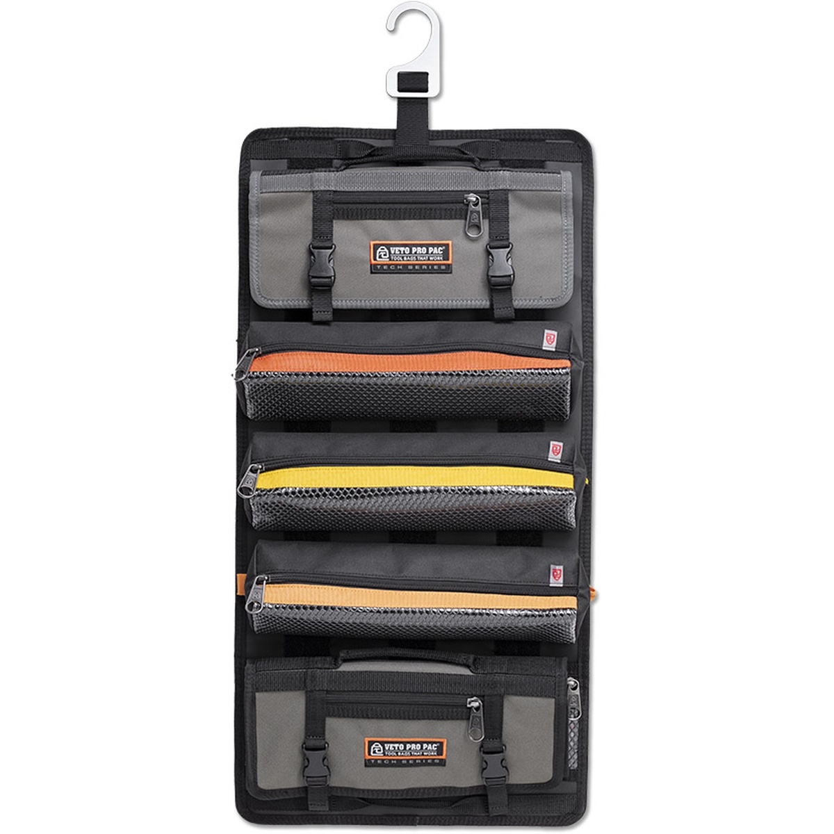 Veto Pro Pac TR-LC modular tool roll hanging open with removable storage pouches and rolls organized for jobsite and roadside repair work