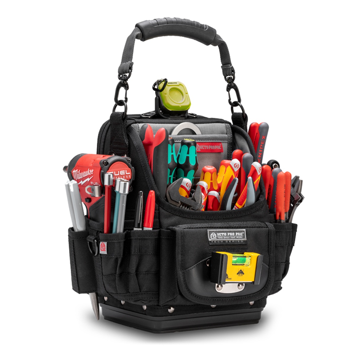 Veto Pro Pac SB-LD BLACKOUT Hybrid Tool and Meter Bag loaded with hand tools and a tester, shown as a compact service bag for electrical and HVAC jobsite work