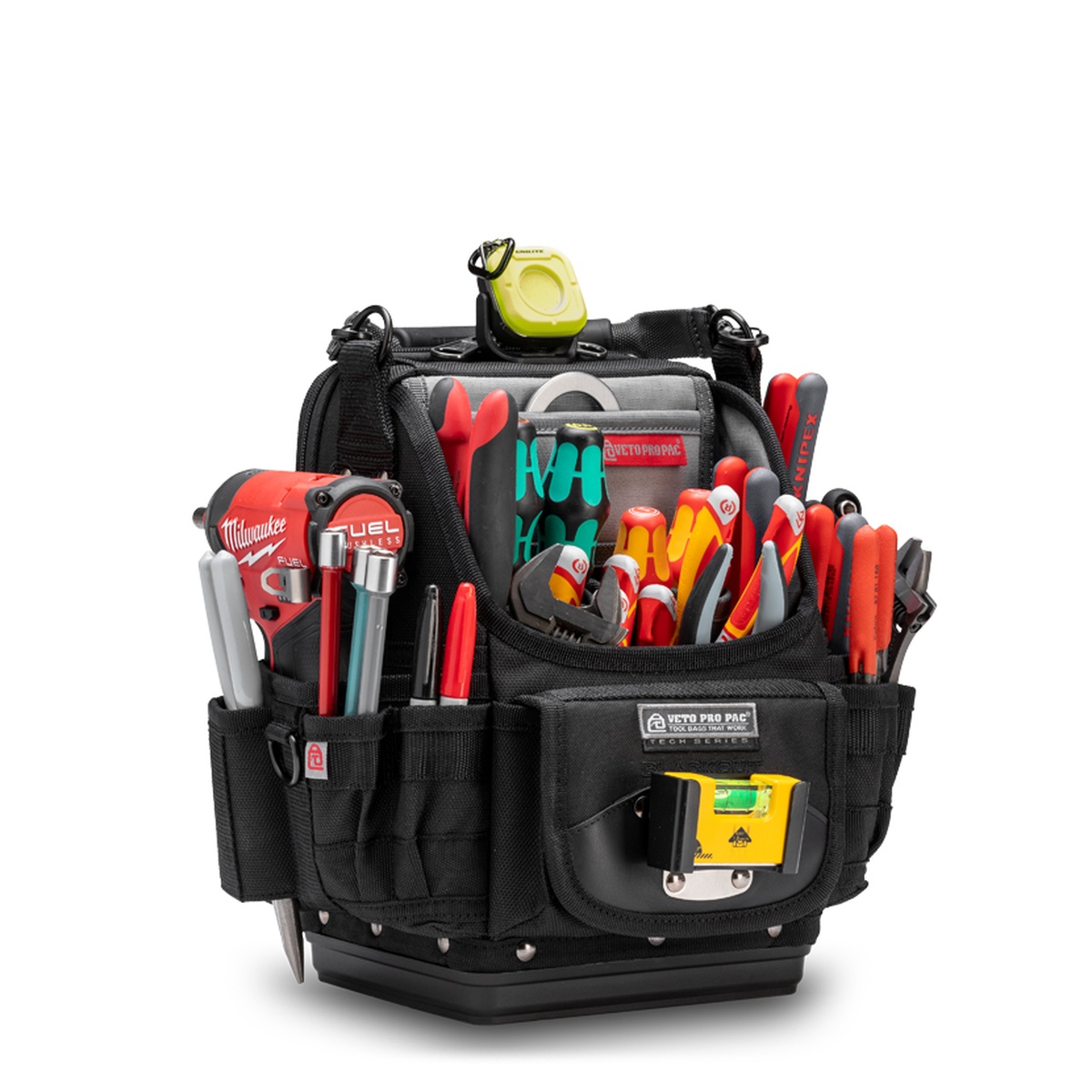 Veto Pro Pac SB-LD BLACKOUT Hybrid Tool and Meter Bag front view with organized pockets and rugged base, shown for trade service use in tight work areas