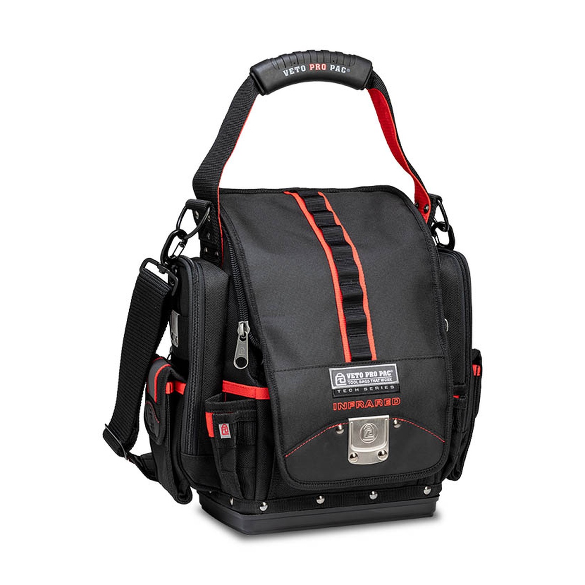 Veto Pro Pac TP-XXL Infrared Tool Bag shown closed with shoulder strap attached, set up for carrying organized service tools and meters between jobs