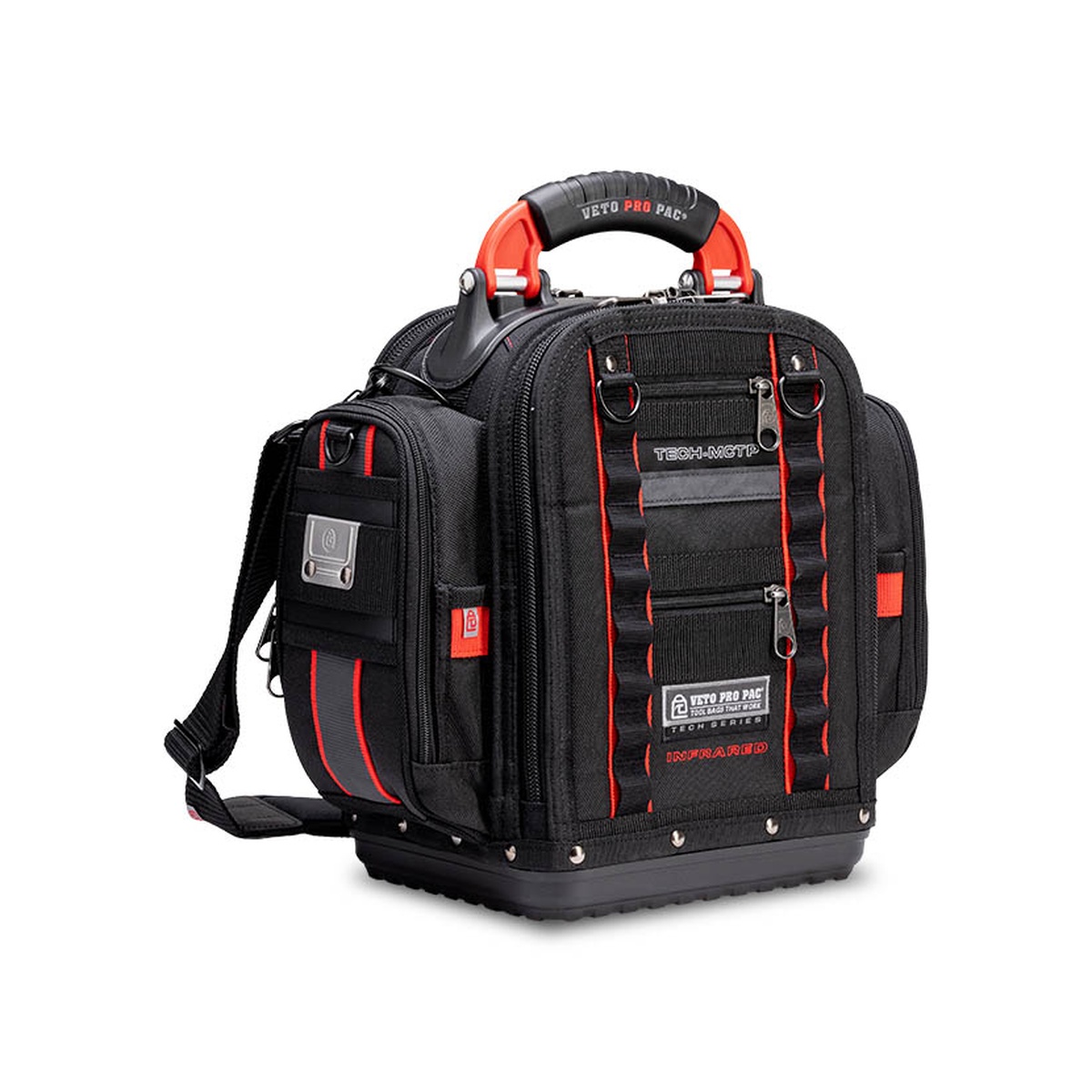 Veto Pro Pac TECH-MCTP INFRARED Tool Bag shown from the front with shoulder strap attached, highlighting the compact service bag layout for carrying hand tools and meters between service calls