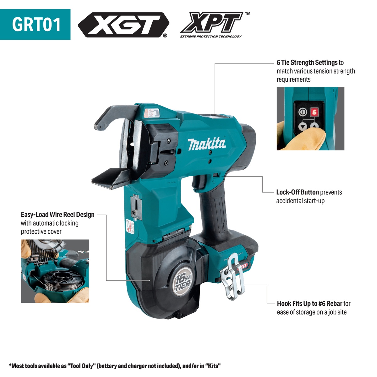 Makita GRT01Z 40V max XGT Brushless 16-Gauge Rebar Tying Tool shown with easy-load wire reel design, tie strength controls, and storage hook in concrete reinforcing jobsite context