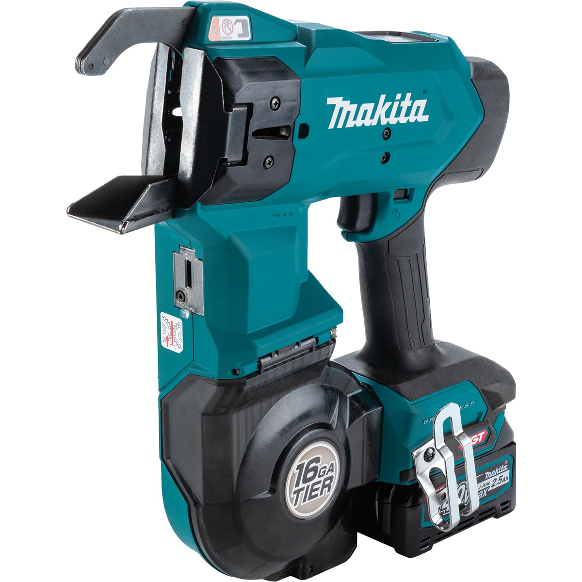 Makita GRT01D 40V max XGT Brushless 16 Gauge Rebar Tying Tool Kit with battery installed, shown as a cordless rebar fastening tool for concrete reinforcement work on commercial and residential jobsites