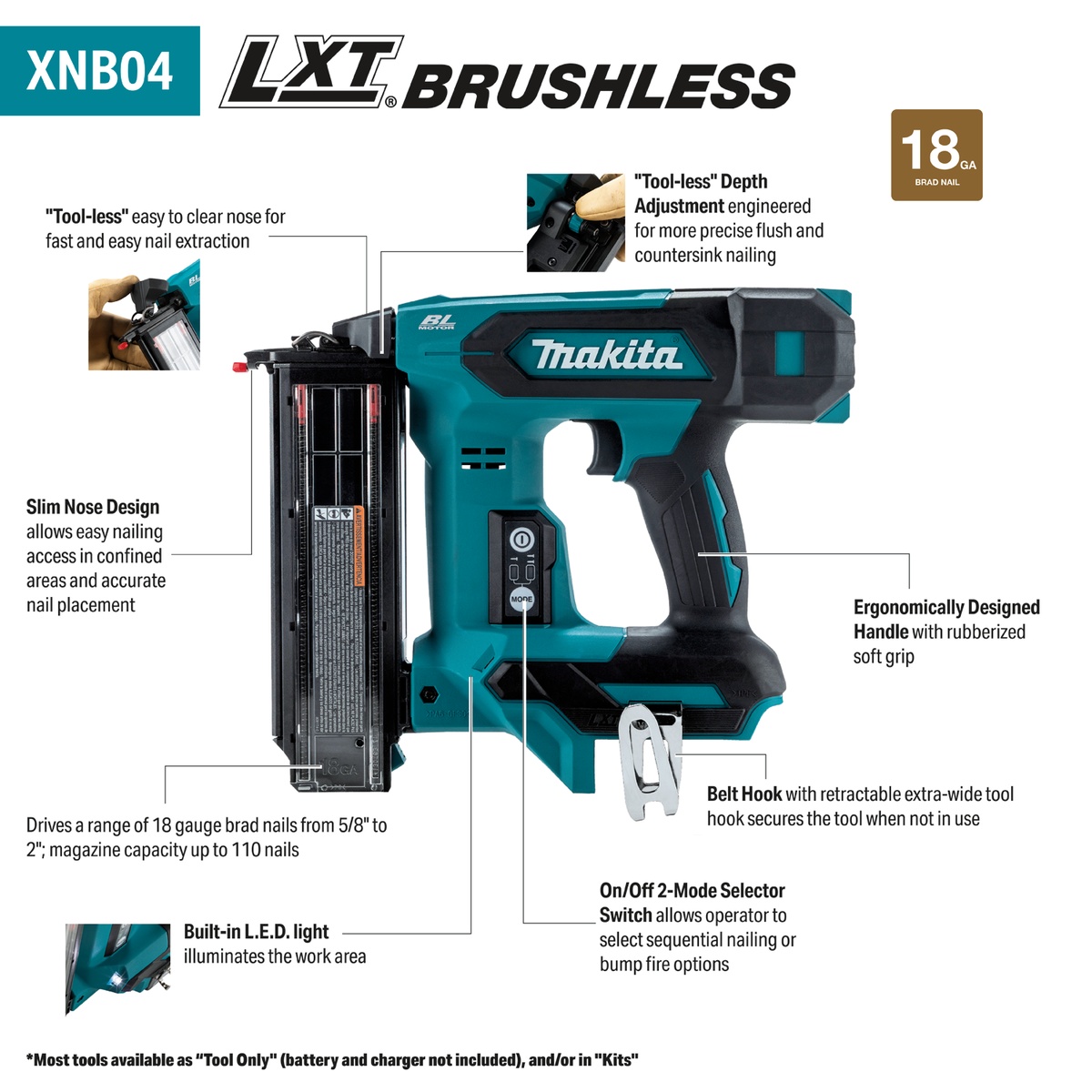 Makita XNB04Z 18V LXT Brushless Cordless 2 in. 18-Gauge Brad Nailer shown in a product detail view highlighting the slim nose, tool-free depth adjustment, and magazine layout for interior trim fastening in tight work areas