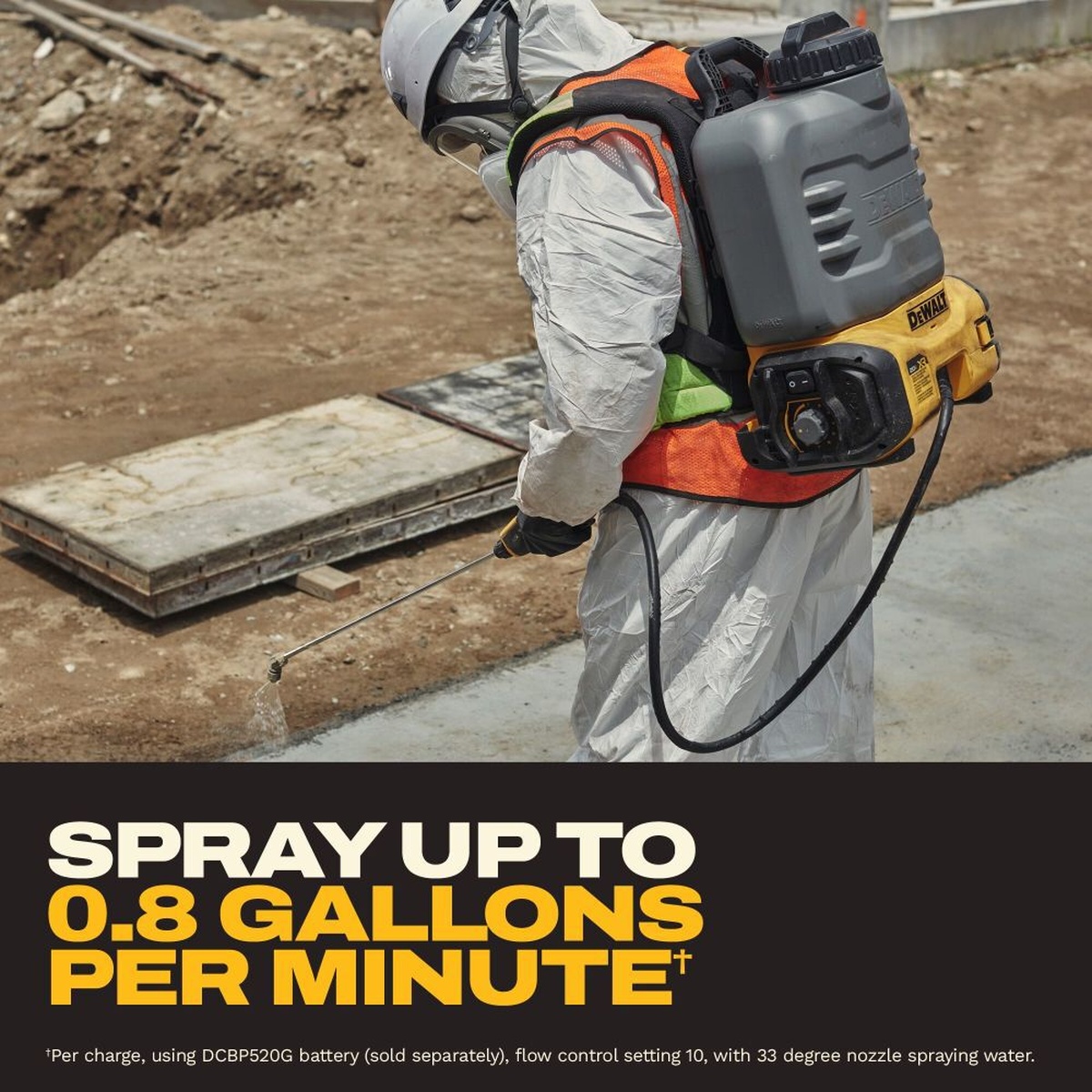 DeWALT DCCS1100B 20V MAX XR Concrete Chemical Sprayer backpack sprayer applying liquid along a concrete edge at an active jobsite