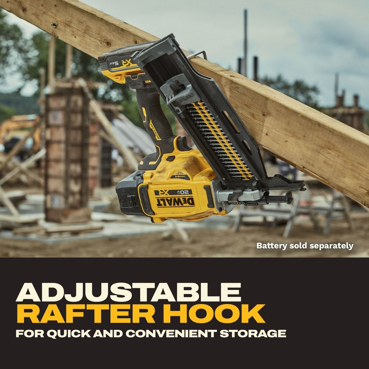DeWALT DCN910B 20V MAX XR Brushless 21-Degree Plastic Collated Duplex Nailer positioned on wood bracing at a construction site showing magazine and hanging storage setup