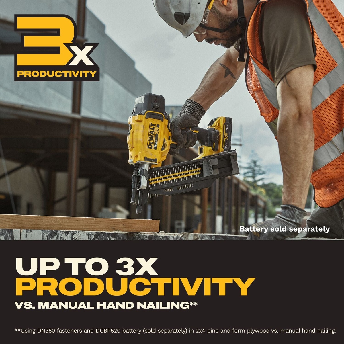 DeWALT DCN910B 20V MAX XR Brushless 21-Degree Plastic Collated Duplex Nailer driving duplex nails into wood form material on an active construction jobsite
