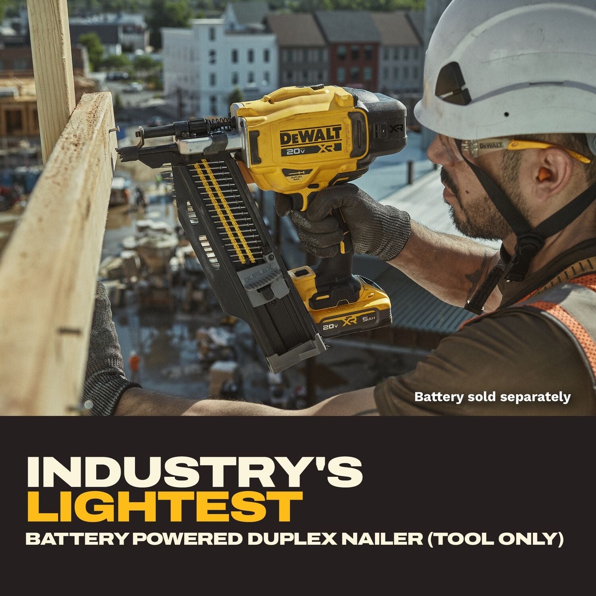 DeWALT DCN910B 20V MAX XR Brushless 21-Degree Plastic Collated Duplex Nailer hanging by the adjustable rafter hook on a wood brace at a formwork site