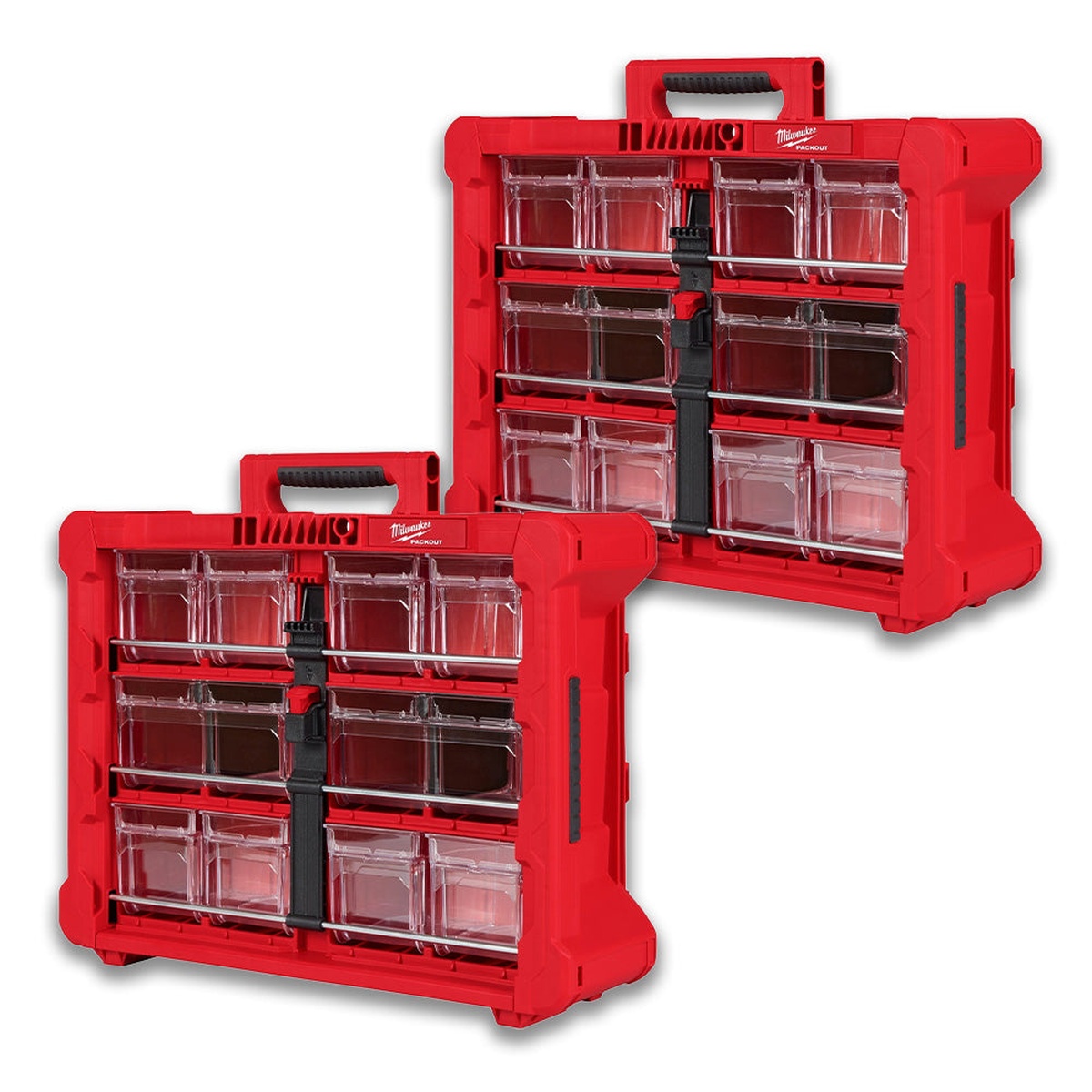 Milwaukee 48-22-8433 PACKOUT Tilt Bin Organizer 2-Pack shown as two modular organizers with clear front bins for storing small parts in a shop or jobsite setup