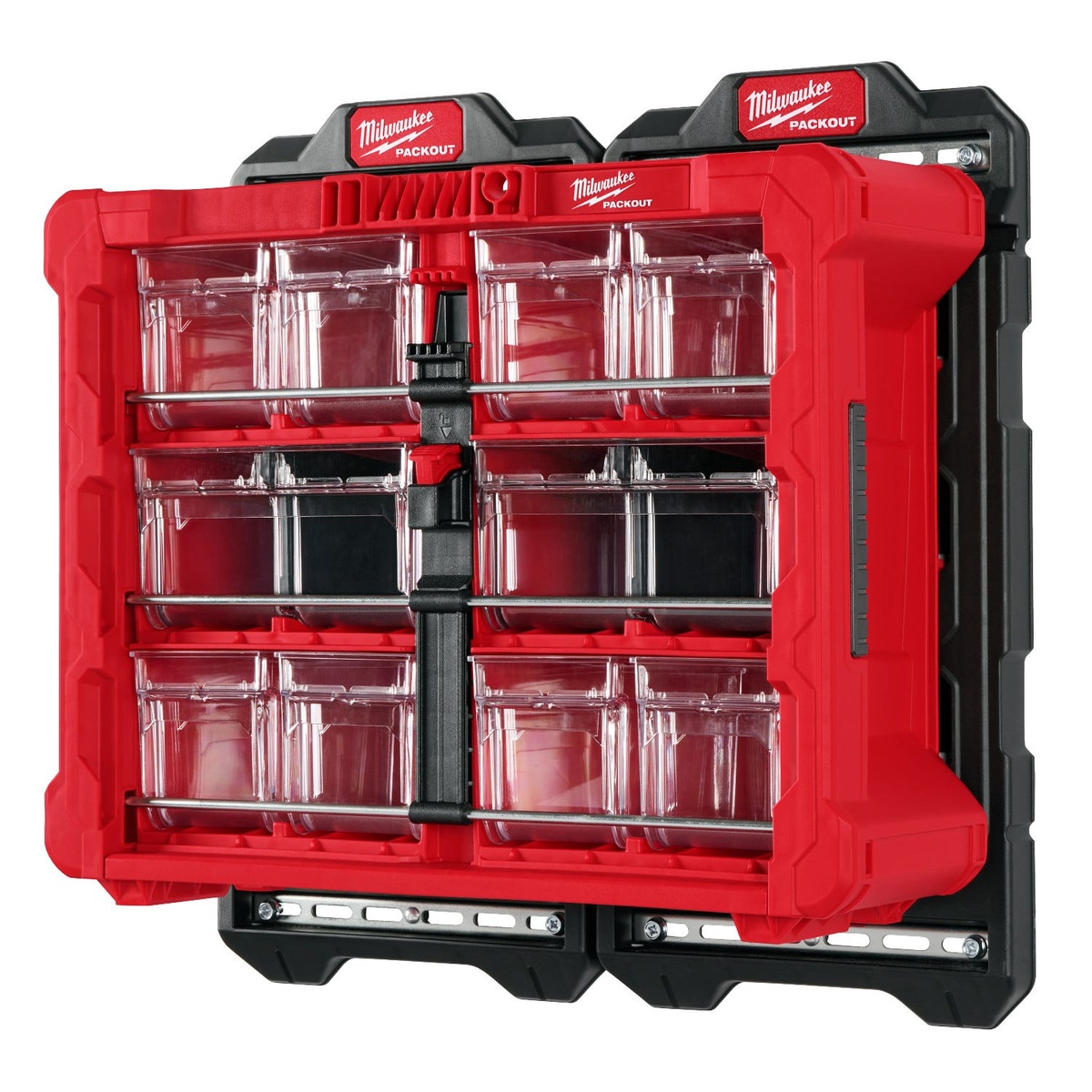 Milwaukee PACKOUT tilt bin organizer mounted in a PACKOUT wall storage setup for organized fastener and parts access in a garage or service vehicle workspace