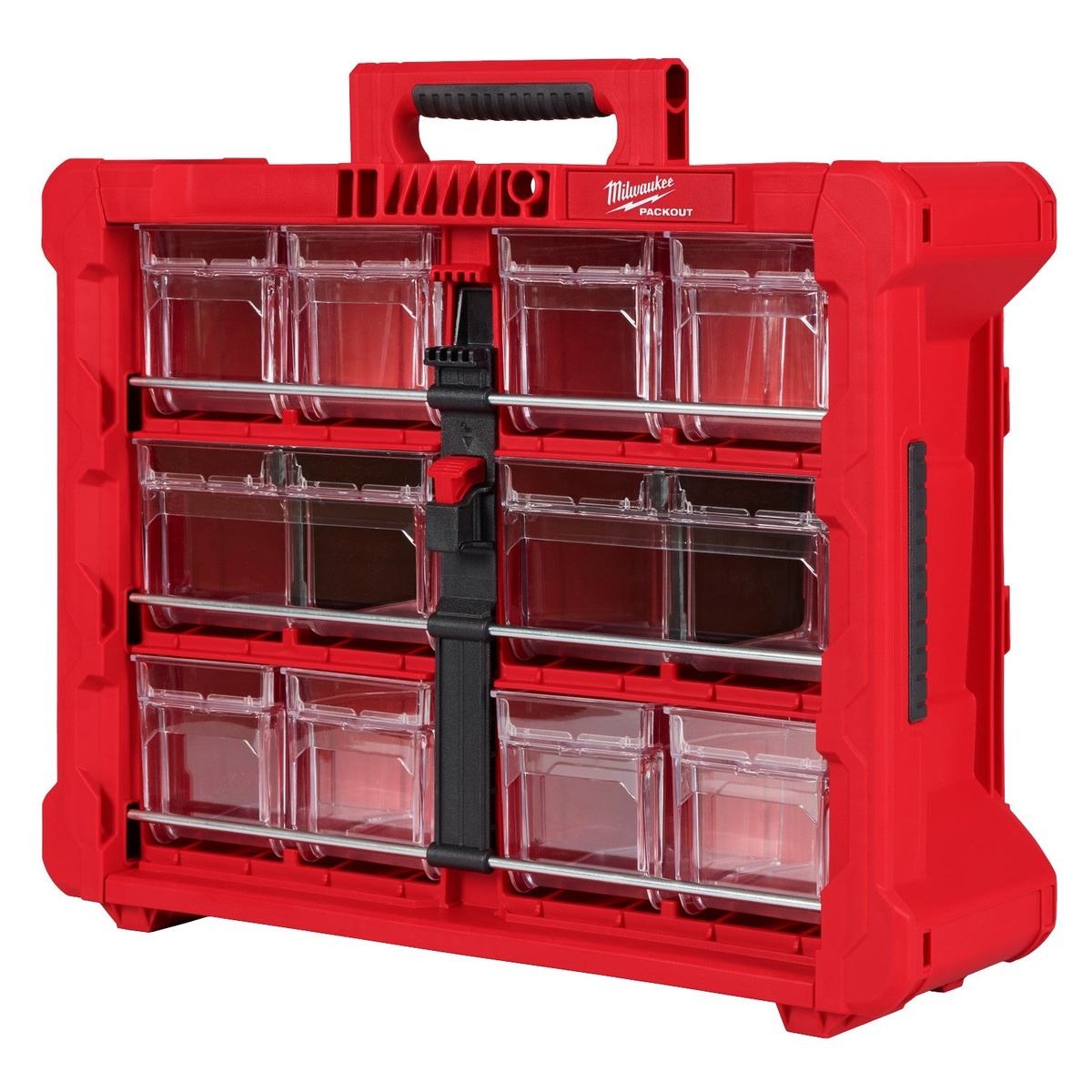 Milwaukee PACKOUT tilt bin organizer closed with locking security bars for transporting hardware and small materials between the truck and the jobsite