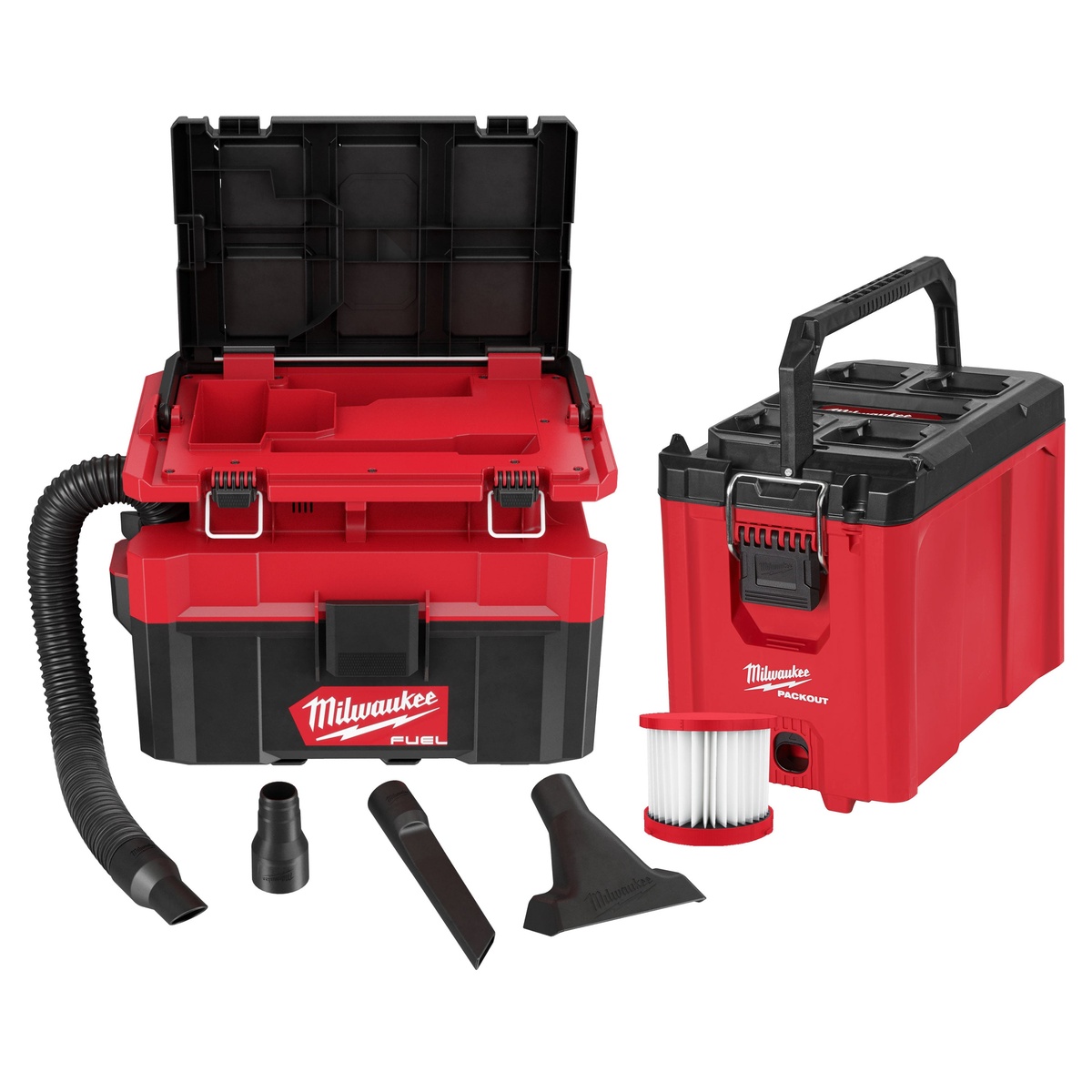 Milwaukee M18 FUEL PACKOUT 2.5 Gallon Wet/Dry HEPA Vacuum + PACKOUT Compact Tool Box shown with hose, utility nozzle, crevice tool, filter, and compact storage box for mobile jobsite cleanup and tool organization
