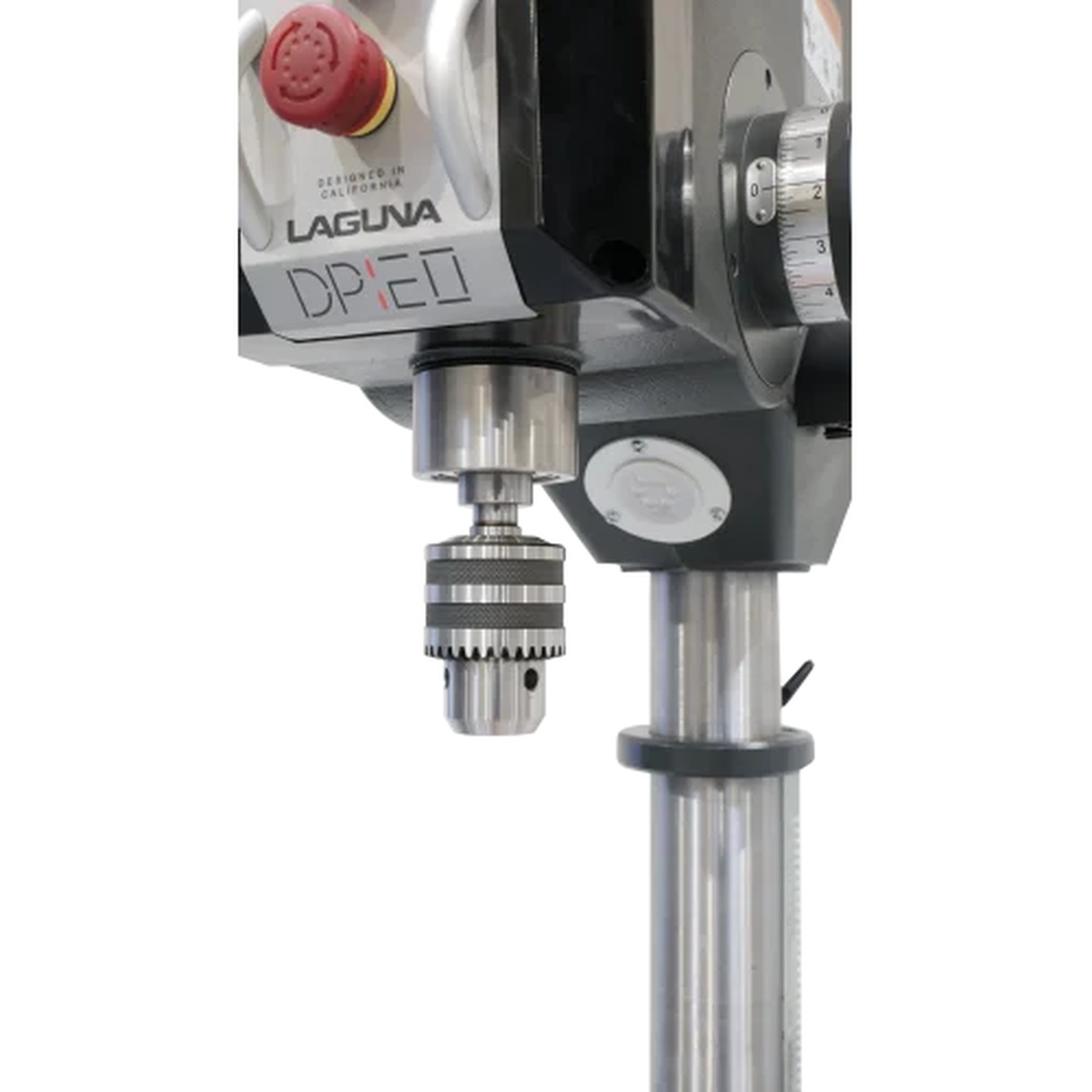 Laguna DP20 20 Inch Drill Press chuck and quill area close-up, highlighting the drilling head for precise depth-controlled drilling and tapping work