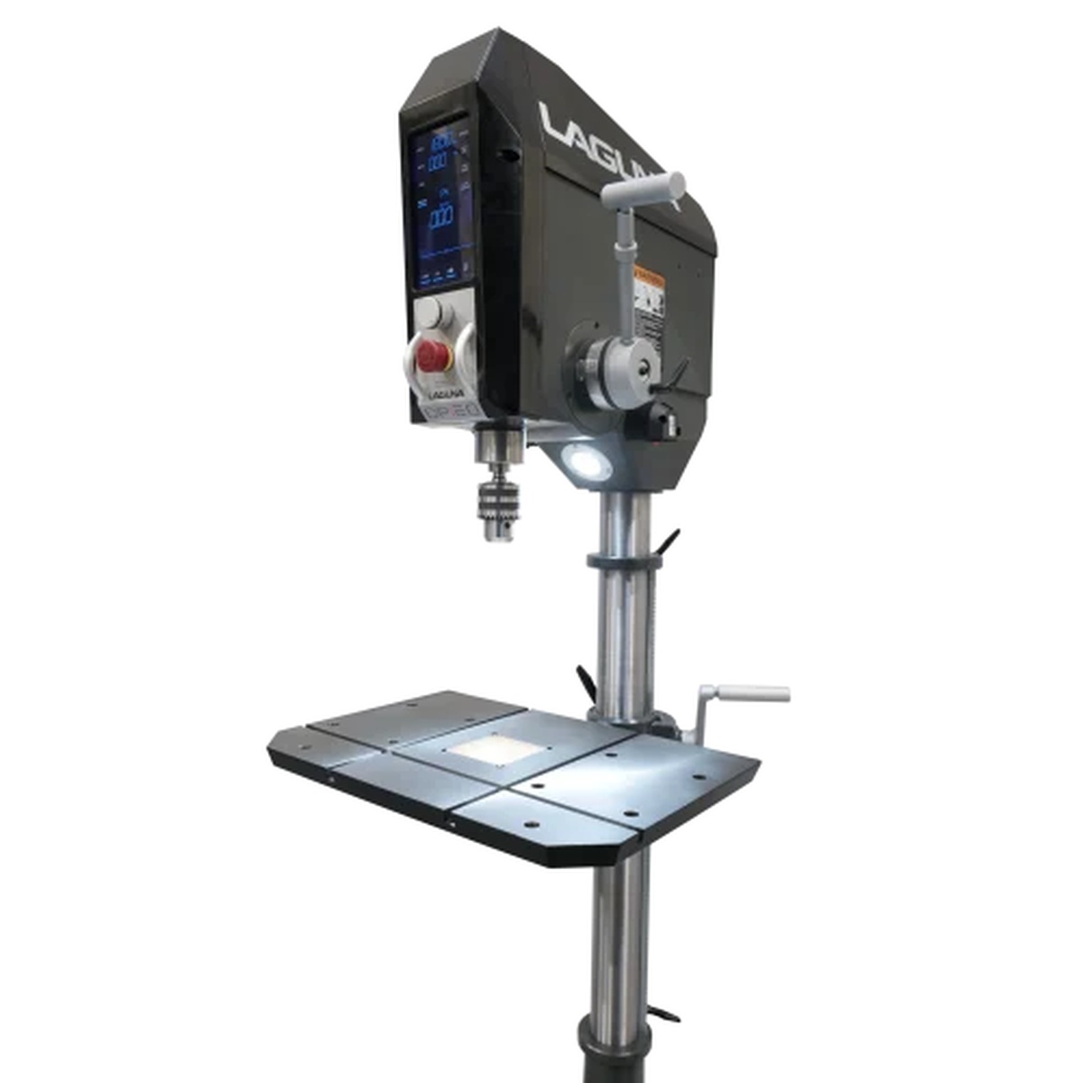 Laguna drill press with onboard LED work light illuminating the cast iron table and drilling area for better visibility during shop use