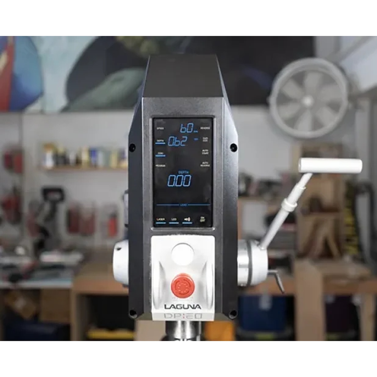 Laguna DP20 20 Inch Drill Press touchscreen control panel shown in a working shop environment, displaying speed, load, and quill depth for precise drilling setup