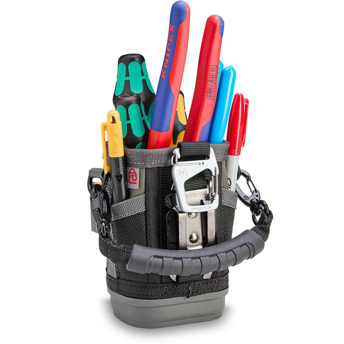 Veto Pro Pac UB1B Small Compact Utility Tool Bag showing belt clip and carabiner attachment for ladder, belt, or larger tool bag carry