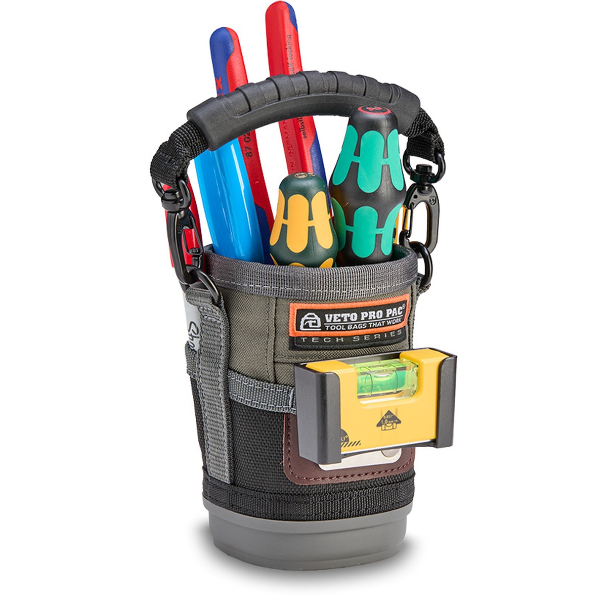 Veto Pro Pac UB1B Small Compact Utility Tool Bag loaded with screwdrivers and a small level for compact hand tool carry on service work