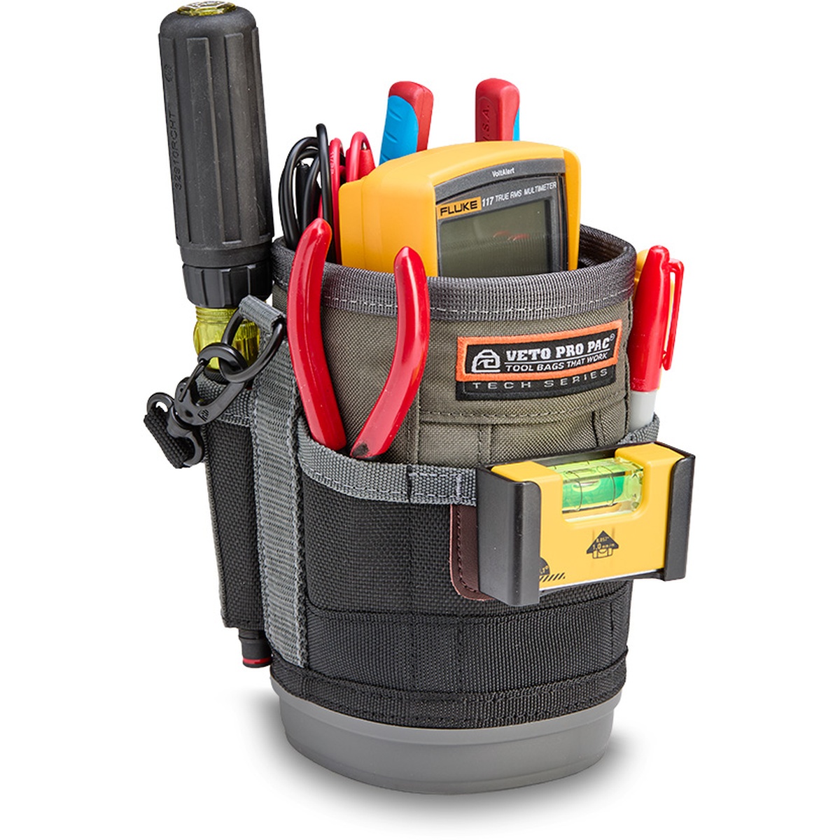 Veto Pro Pac UB2B Medium Compact Utility Bag showing side clip, exterior pockets, and compact setup for ladder and belt carry