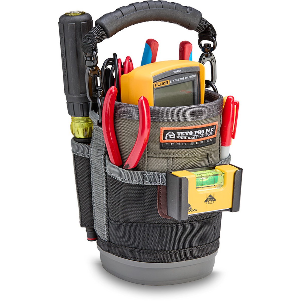 Veto Pro Pac UB2B Medium Compact Utility Bag loaded with pliers, a multimeter, flashlight, and level for electrical and service work