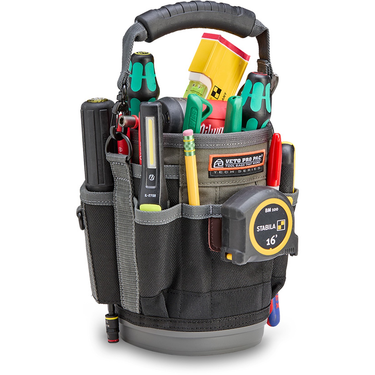 Veto Pro Pac UB3B Large Compact Utility Tool Bag loaded with hand tools, tape measure, flashlight, and pencils for service work and everyday jobsite organization