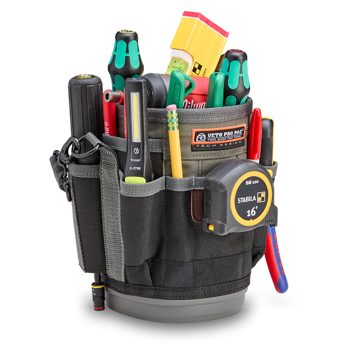 Veto Pro Pac UB3B Large Compact Utility Tool Bag showing exterior pockets, tape clip, and compact tool organization for ladder work and service calls