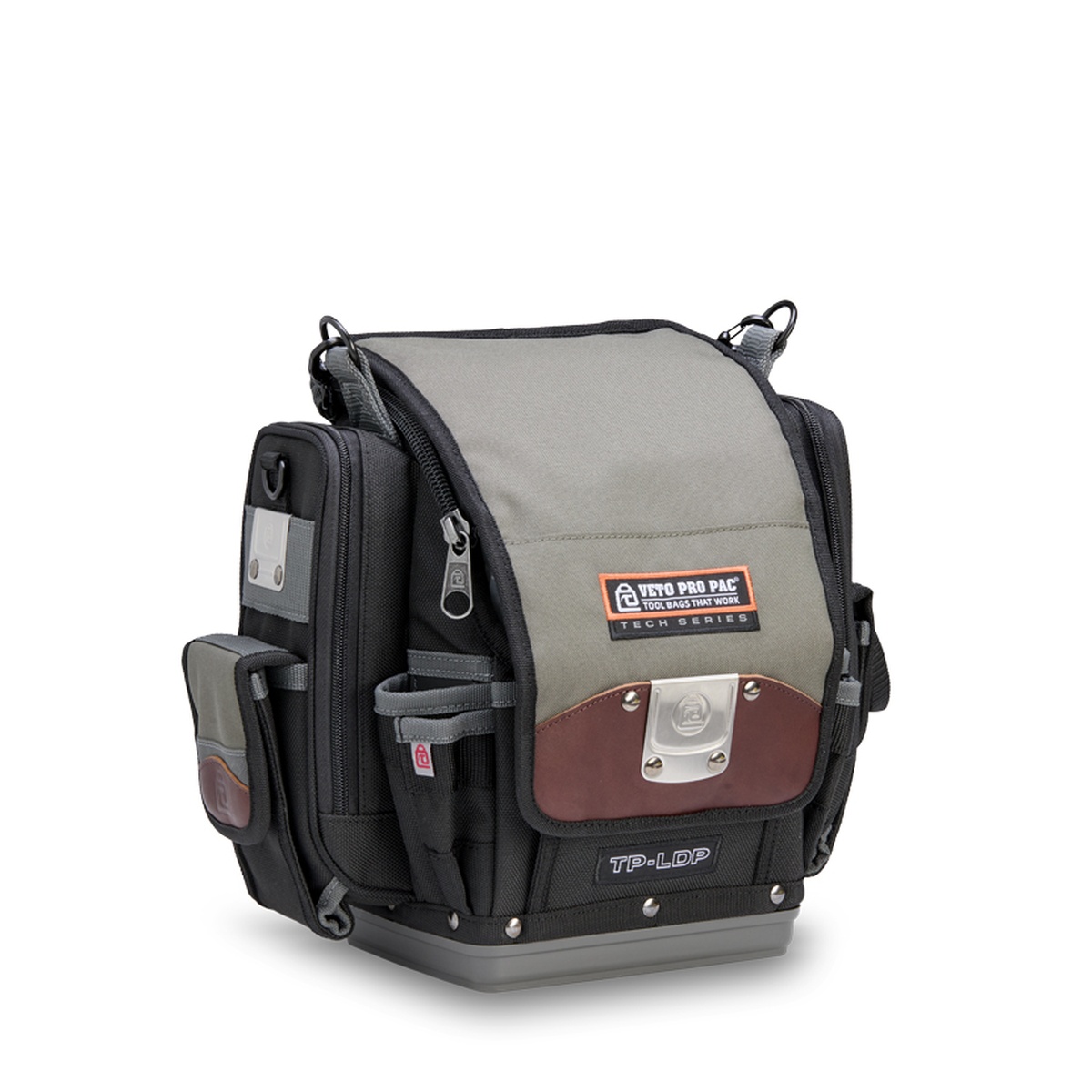 Veto Pro Pac TP-LDP Large Service Technician Tool Pouch shown closed with side padded meter pockets and front storage on a clean background for service technician tool organization