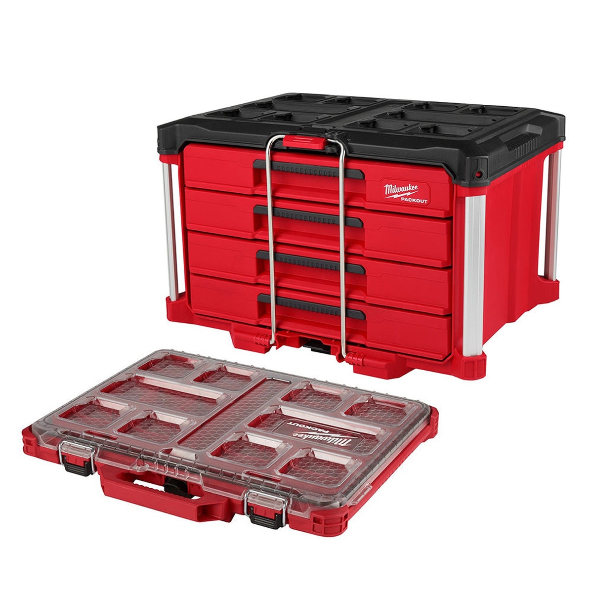 Milwaukee 48-22-8444 PACKOUT 4-Drawer Tool Box + 48-22-8431 PACKOUT Low-Profile Organizer shown together as a modular storage solution for transporting tools, fasteners, and accessories