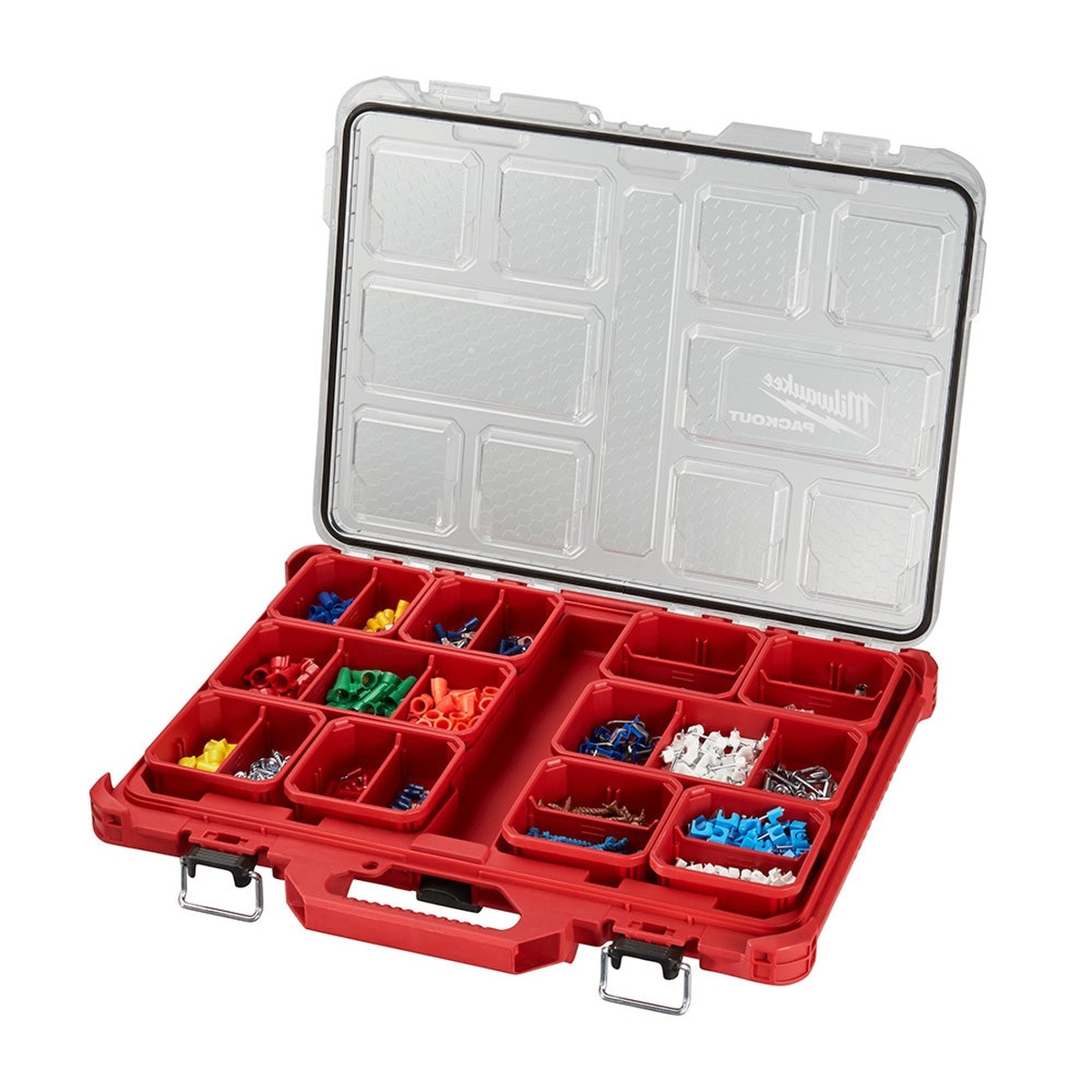 Milwaukee 48-22-8444 PACKOUT 4-Drawer Tool Box + 48-22-8431 PACKOUT Low-Profile Organizer with the low-profile organizer opened to show removable bins holding small electrical and hardware parts in a workshop setting