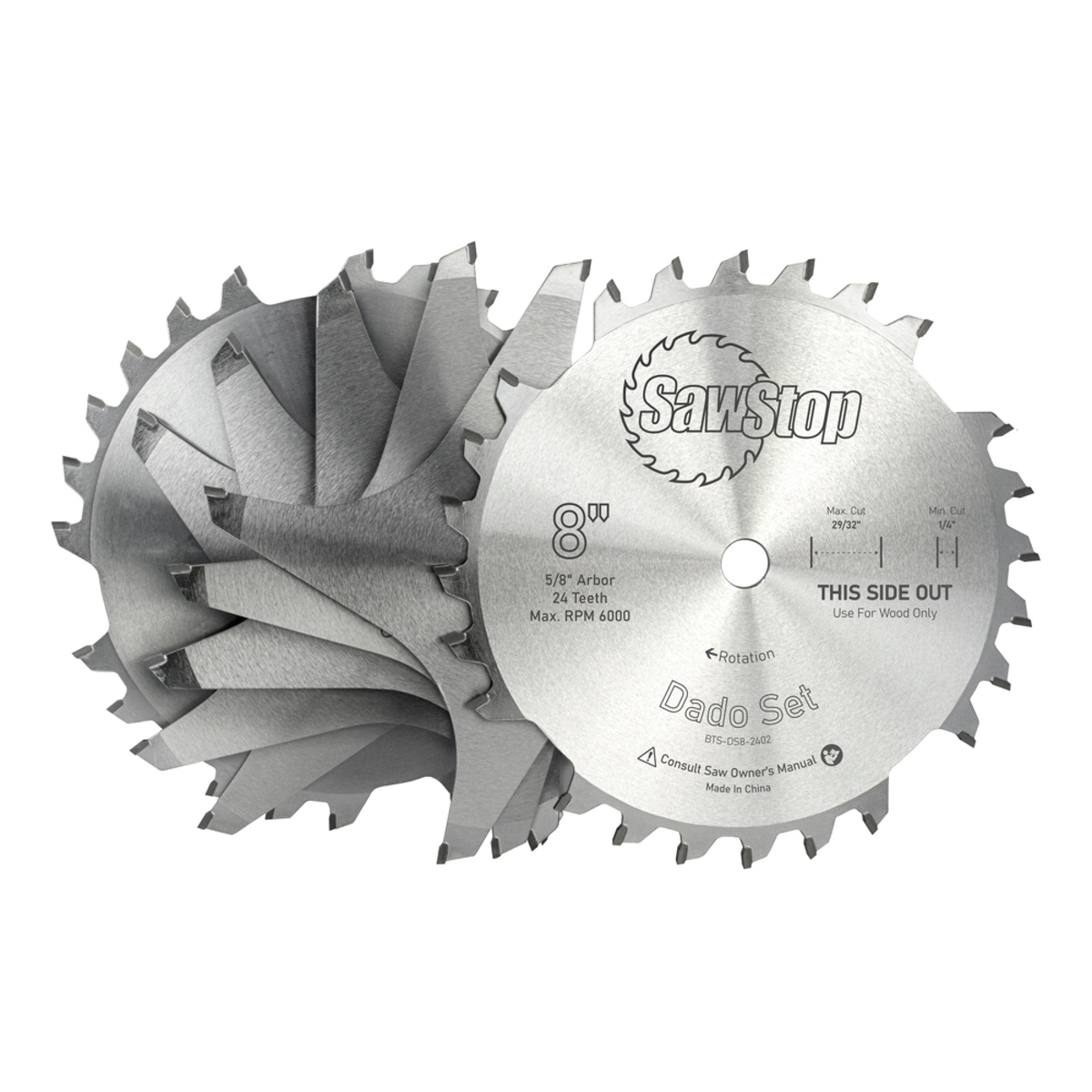 SawStop BTS-DS8-SYS Premium 8-in. Dado Set with Systainer blade stack close-up showing 24-tooth outer blades and flat-grind chippers for woodworking joinery cuts
