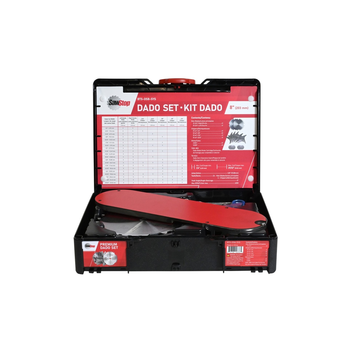 SawStop BTS-DS8-SYS Premium 8-in. Dado Set with Systainer open with the width chart visible inside the lid and blade components organized in the case