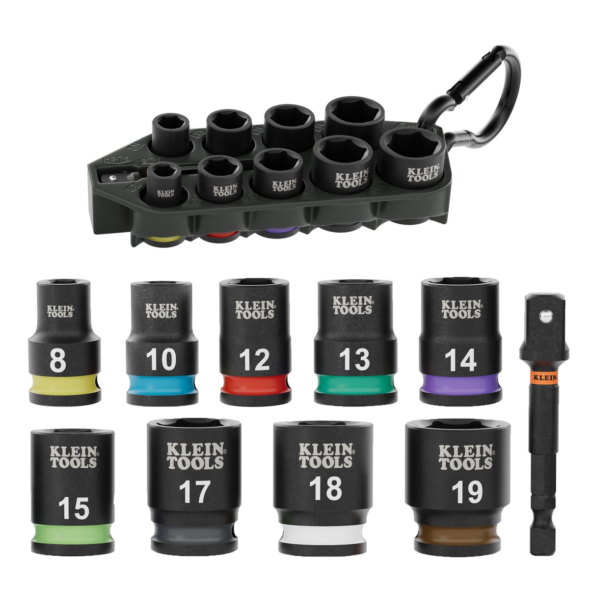 Klein 33809M Grab-And-Go Impact Socket Set, Metric, 10-Piece with 8 mm through 19 mm sockets, adapter, sleeve, and carabiner laid out for jobsite fastening and repair work
