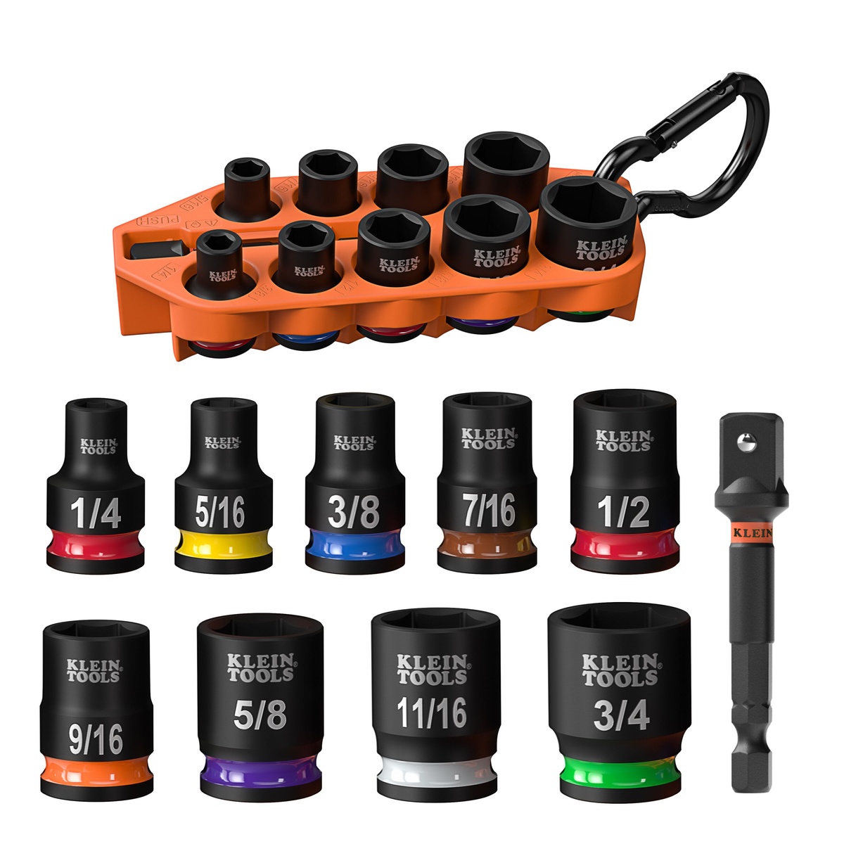 Klein Tools Grab-And-Go Impact Socket Set, SAE, 10-Piece laid out with nine SAE sockets, storage sleeve, and impact adapter